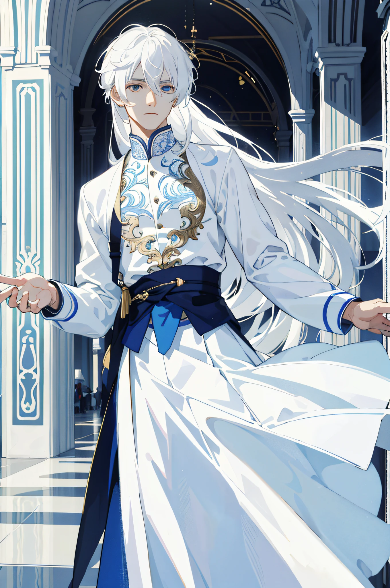 Masterpiece, best quality, 1 male, teenager, delicate face, delicate eyes, intricate details, (white hair, long hair, no bangs, delicate skirt, white skin), white, blue, mall, city