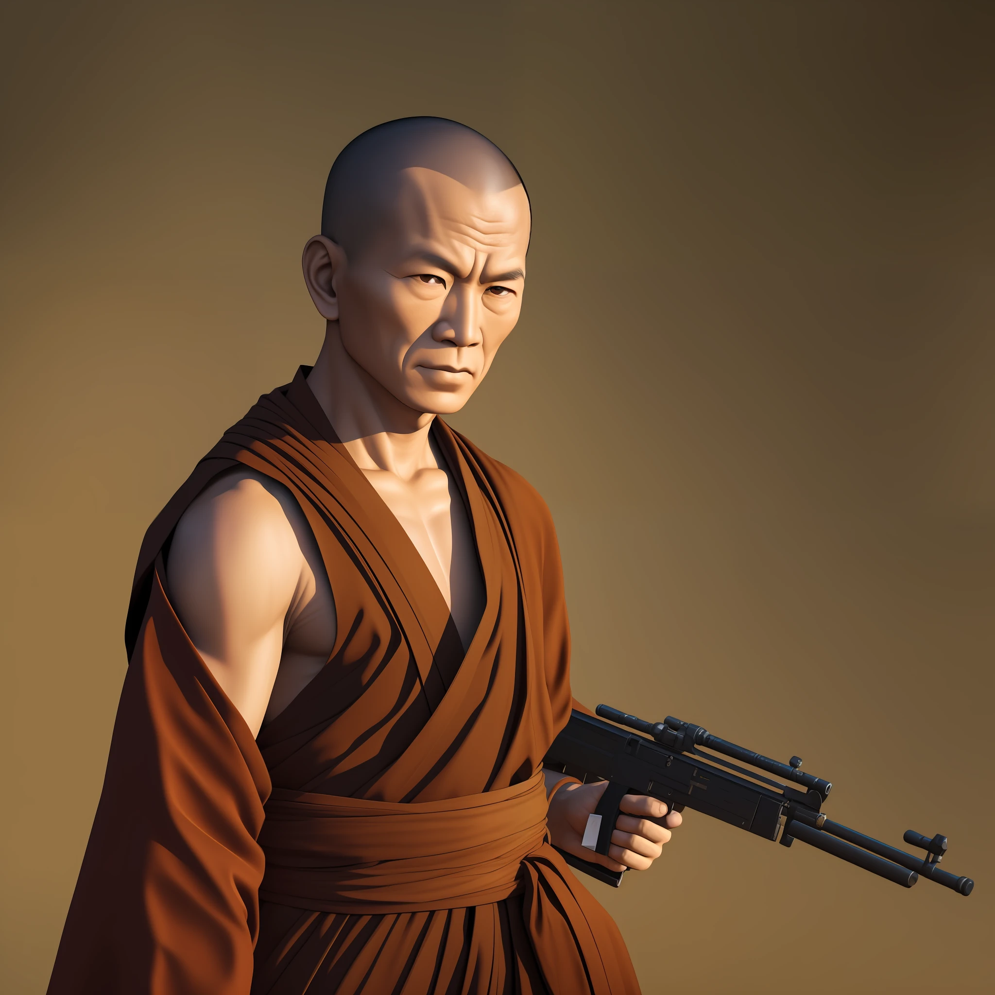 Subject: Buddhist monks in a fighting stance; Clothing: cassocks; Possessions: Rifle, two grenades pinned to the chest; Posture: Strike a firing stance; Style: Realism; Artist: modeled after Akira Kurosawa's cinematic style; Website: The picture has the texture of a movie screenshot; Resolution: HD, sharp details; Extra details: The monk's facial expression is firm; Color: dark tones, mainly dark green and brown; Light: strong backlight, highlighting the silhouette of the monk; Note: The atmosphere of the picture is tense, showing the courage and determination of the monks".