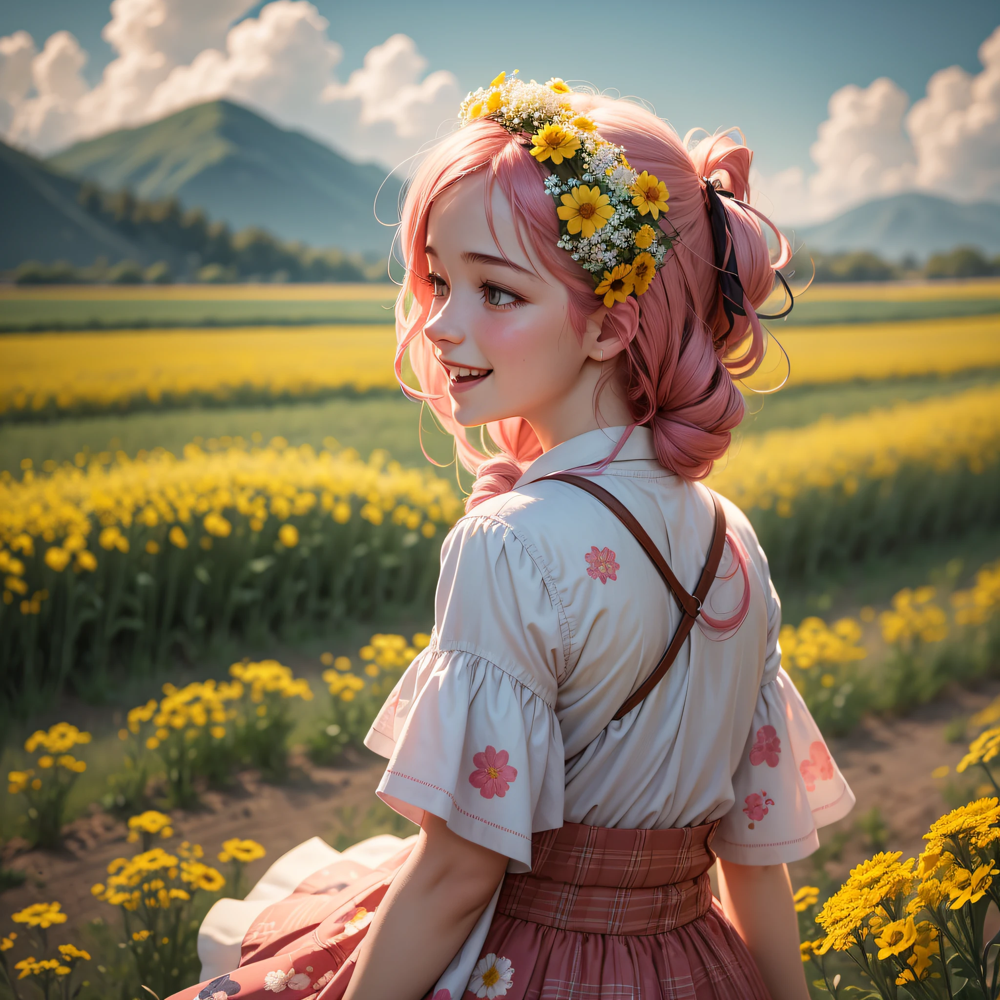 Under the warm color, the girl in the pink floral skirt, laughing, accompanied by the sacred deer, with a sea of rape flowers, backlight infiltrating the picture. --auto --s2
