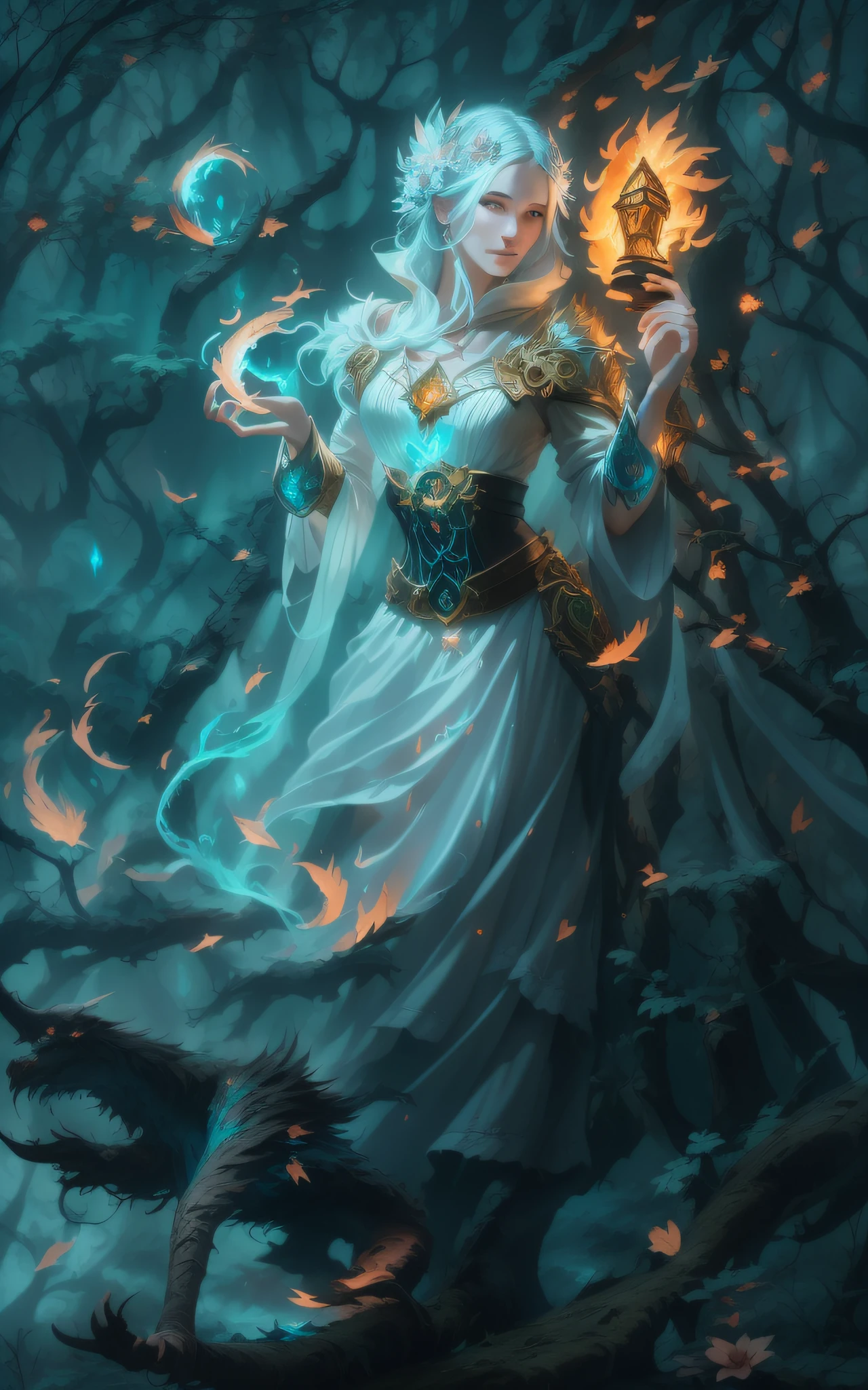 painting of a woman in a white dress holding a glowing lantern, full portrait of elementalist, a beautiful sorceress, painted in the style arcane, evil fire sorceress in the woods, beautiful sorceress, epic fantasy art style, epic fantasy digital art style, epic fantasy style art, holy fire spell art, sorceress