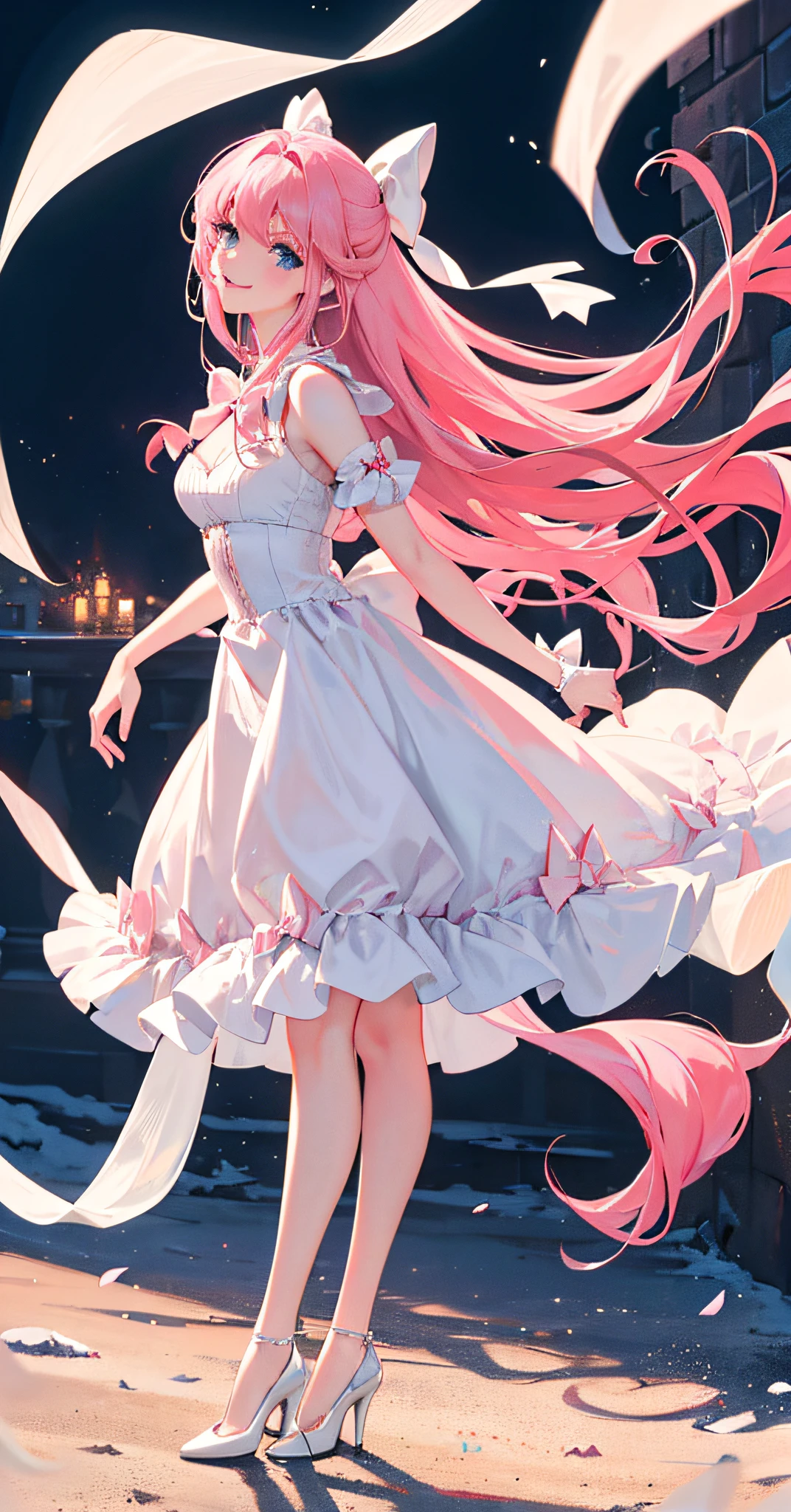 (8k, RAW photo, best quality, masterpiece: 1.3), (realistic, photo realistic: 1.37), slender legs, crystal high heels, incredibly long hair, pink hair, white bow, pink wedding dress, smile, blue eyes, delicate jewelry, gorgeous jewelry