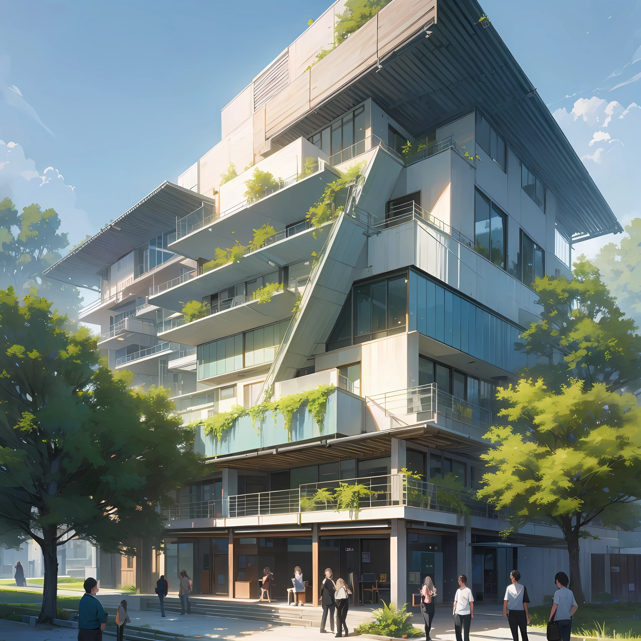 (8k, RAW photo, best quality, masterpiece: 1.2), (realistic, photorealistic: 1.37), sustainable architecture building with vegetation and people walking around --auto --s2