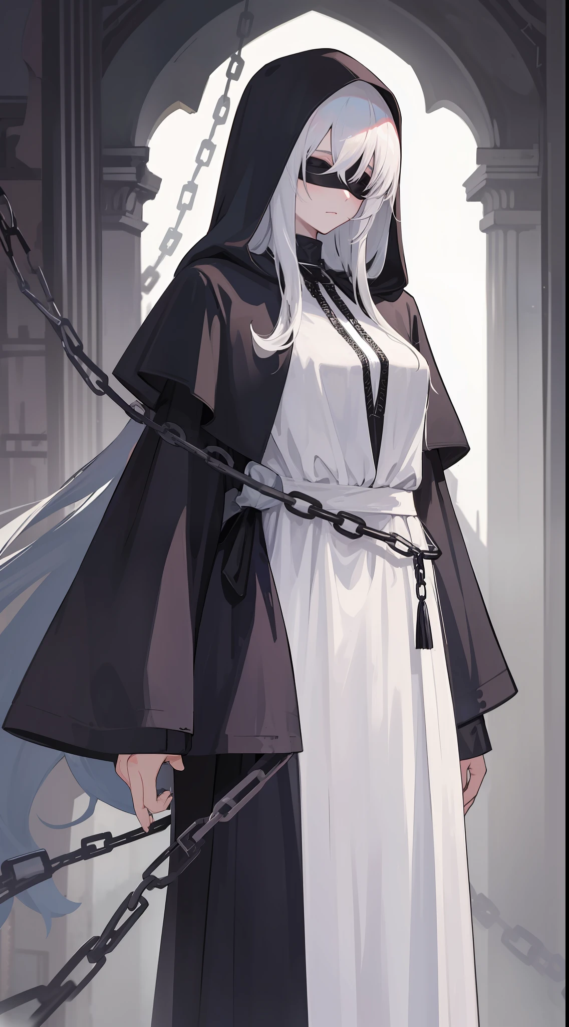 1mysterious girl, wearing a hood and a black blindfold covering eye, wearing the clothes of a Dark priestest, her long white hair was loose and her body was bound by divine chains.