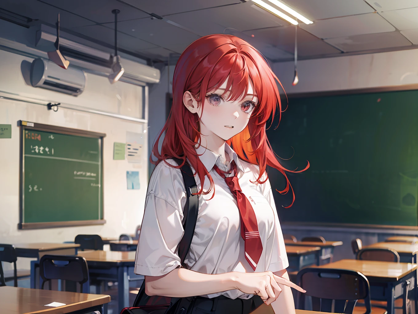 A red-haired teenager standing in the classroom