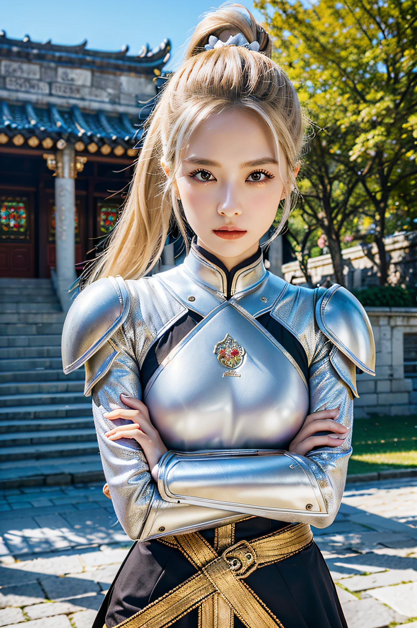 (8K, best quality:1.2), (masterpiece:1.37), (photo, photorealistic:1.37), (ultrahigh-res), half body, walking pose, shot from front, slow motion, female paladin wearing the full body, (light silver armour:1.2),(ornately decorated armor), (insanely detailed, bloom:1.5), (highest quality, Alessandro Casagrande, Greg Rutkowski, Sally Mann, concept art, 4k), (analog:1.2), (high sharpness), (detailed pupils:1.1), detailed face and eyes, Masterpiece, best quality, (highly detailed photo:1.1), (long blonde Hair, ponytail,ecstatic:1.1), (young woman:1.1), sharp, (perfect body:1.1), realistic, real shadow, 3d, (temple background:1.2), arms crossed over the chest
photographed by Canan EOS R6, 135mm, 1/1250s, f/2.8, ISO 400