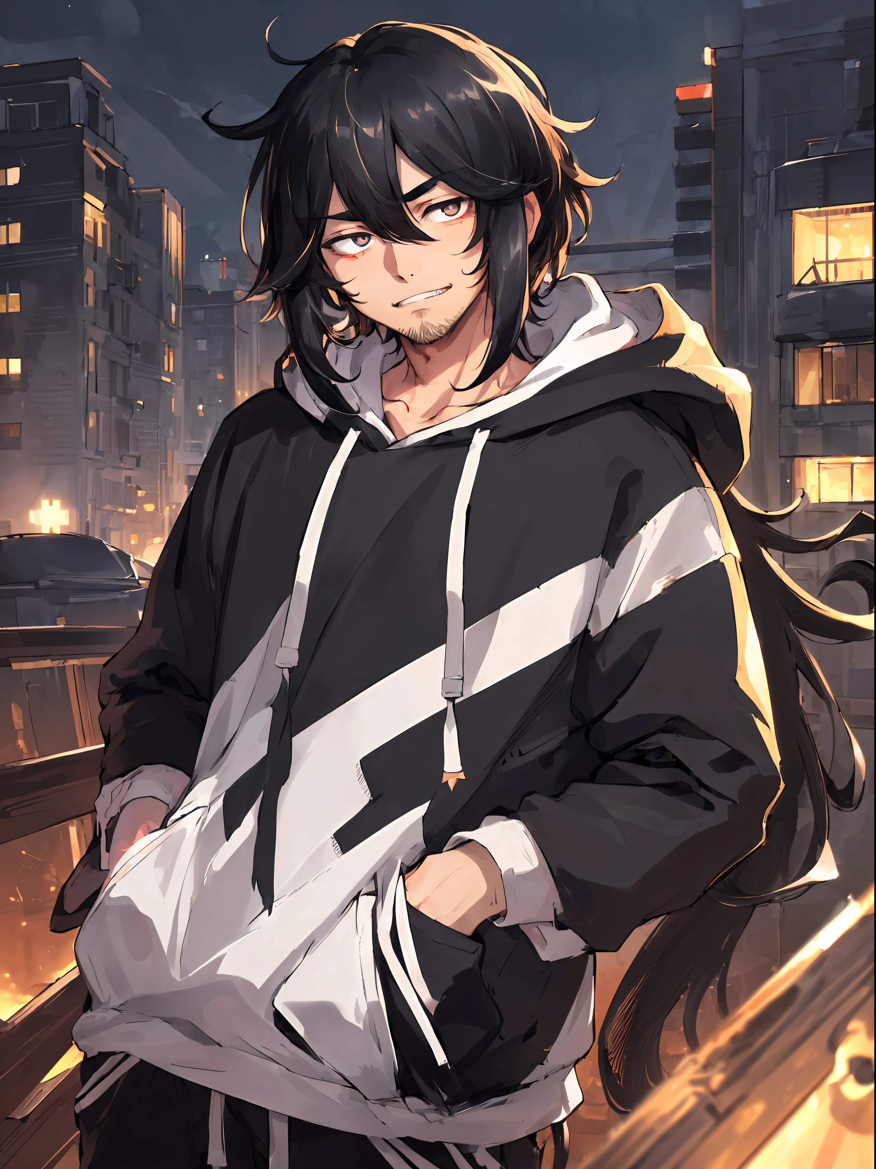 ((highest quality, masterpiece, 4k, finely detailed, detailed eyes, detailed face, gelbooru, pixiv, warm lighting)), ((solo)), 1 male, handsome, masculine, adult male, older guy, broad shoulders, closeup of face, ((black chin hair)), grinning with fangs, looking at viewer ((lazy eyes, half-lidded, tired eyes, eyebags under eyes, black eyes with white pupils)), ( hoodie, sweatpants), ((black hair, long hair, shaggy hairstyle, messy hair)), standing, hands in pockets, city background, night time