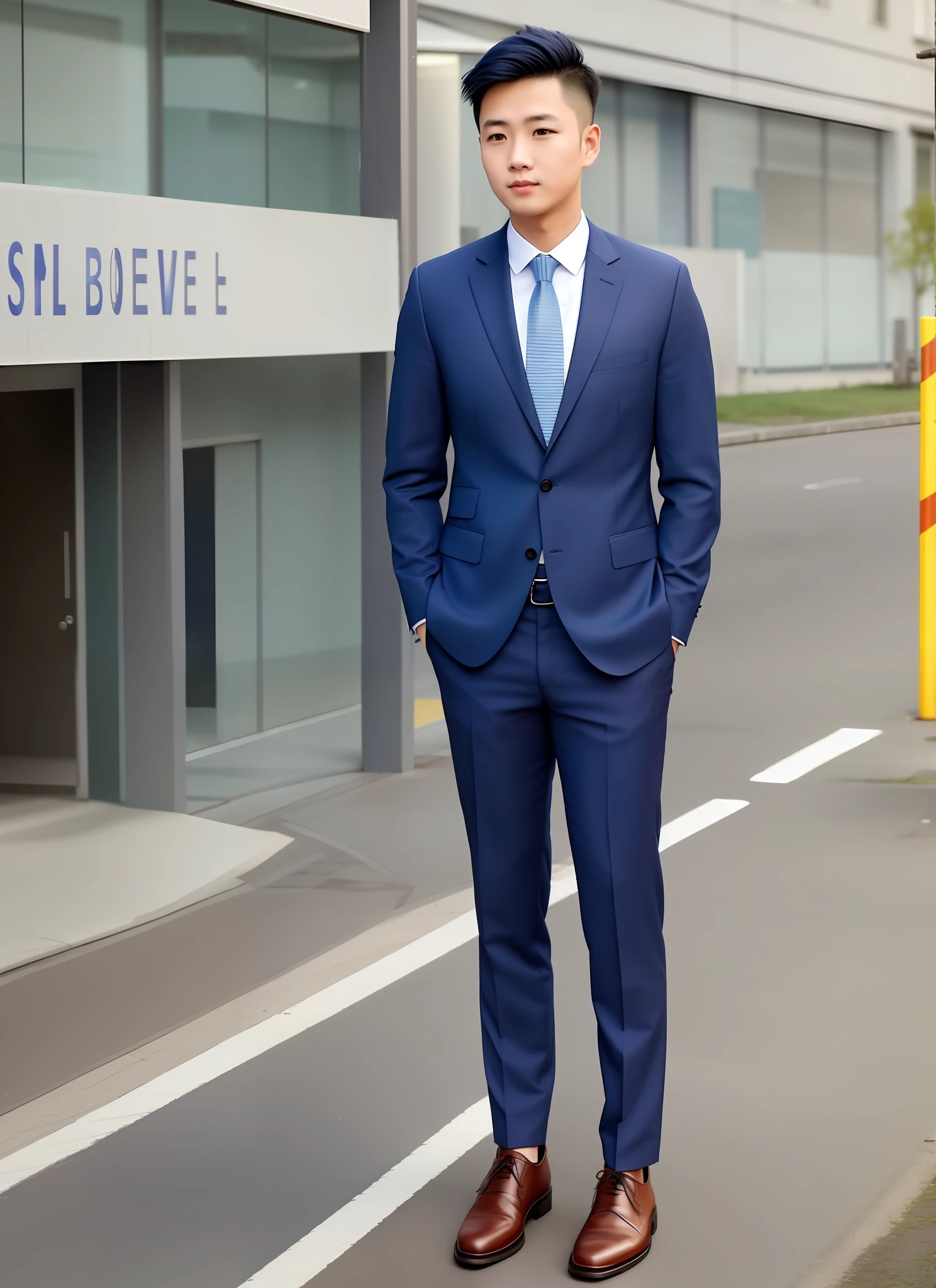 Property industry, workplace wear, fabric, blue, simple and generous workplace, a boy is standing on the street