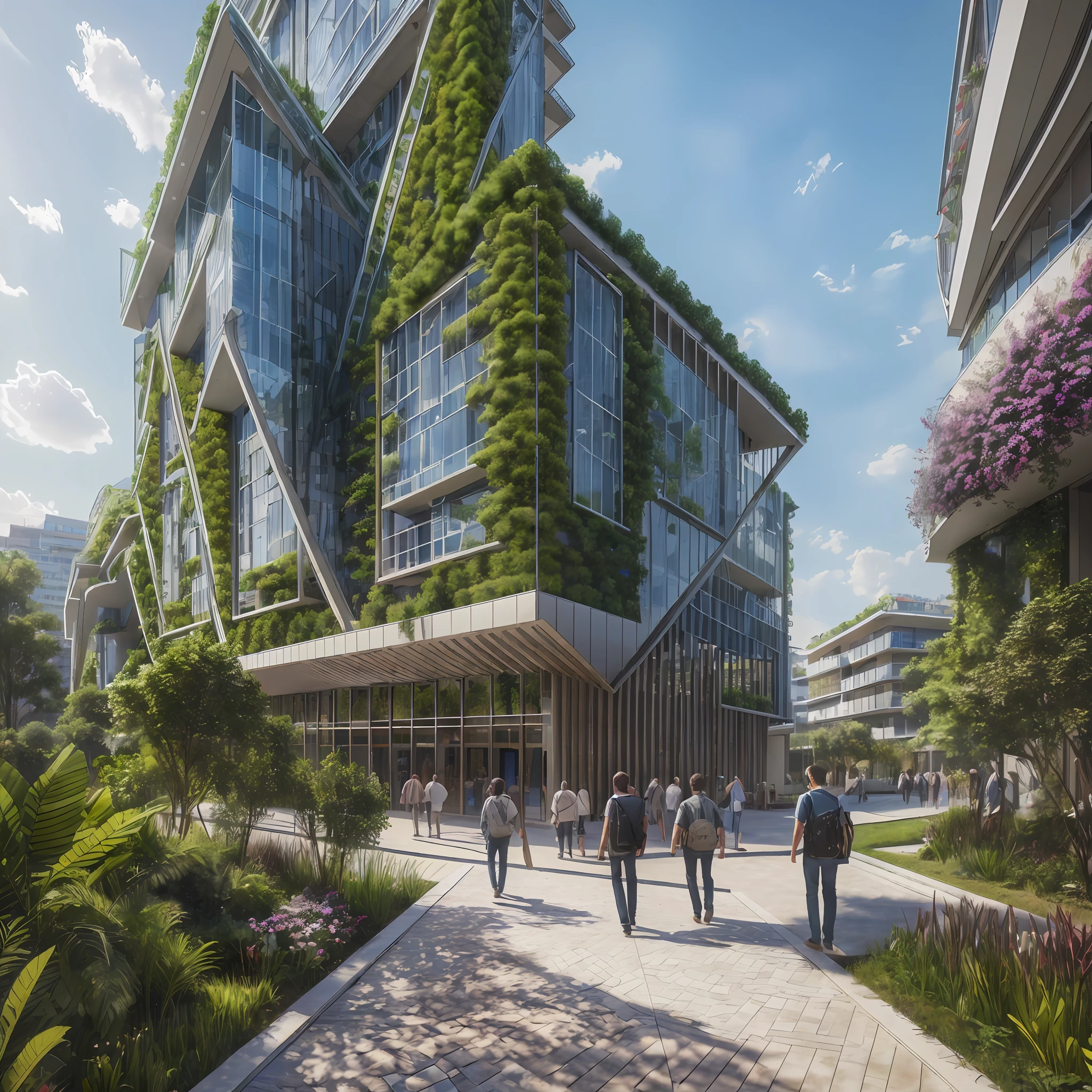 (8k, RAW photo, best quality, masterpiece: 1.2), (realistic, photorealistic: 1.37), technological sustainable building with vegetation and people walking around --auto --s2