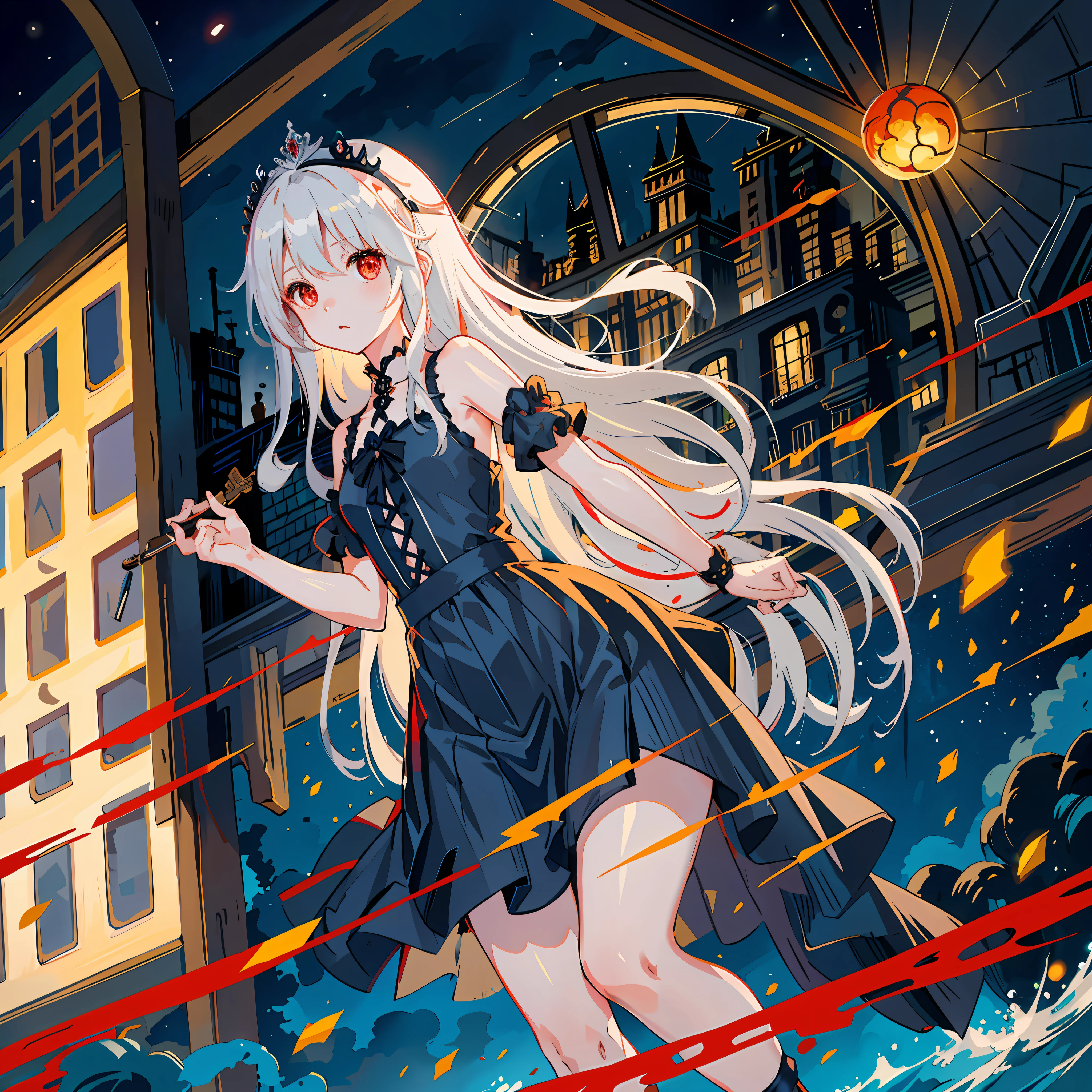 Amazing beautiful girl, solo, red eyes, silver hair, long hair, small chest, hair accessories, black dress, petite, splash art anime loli, dark night, masterpiece, best quality, fine details, window, moon
