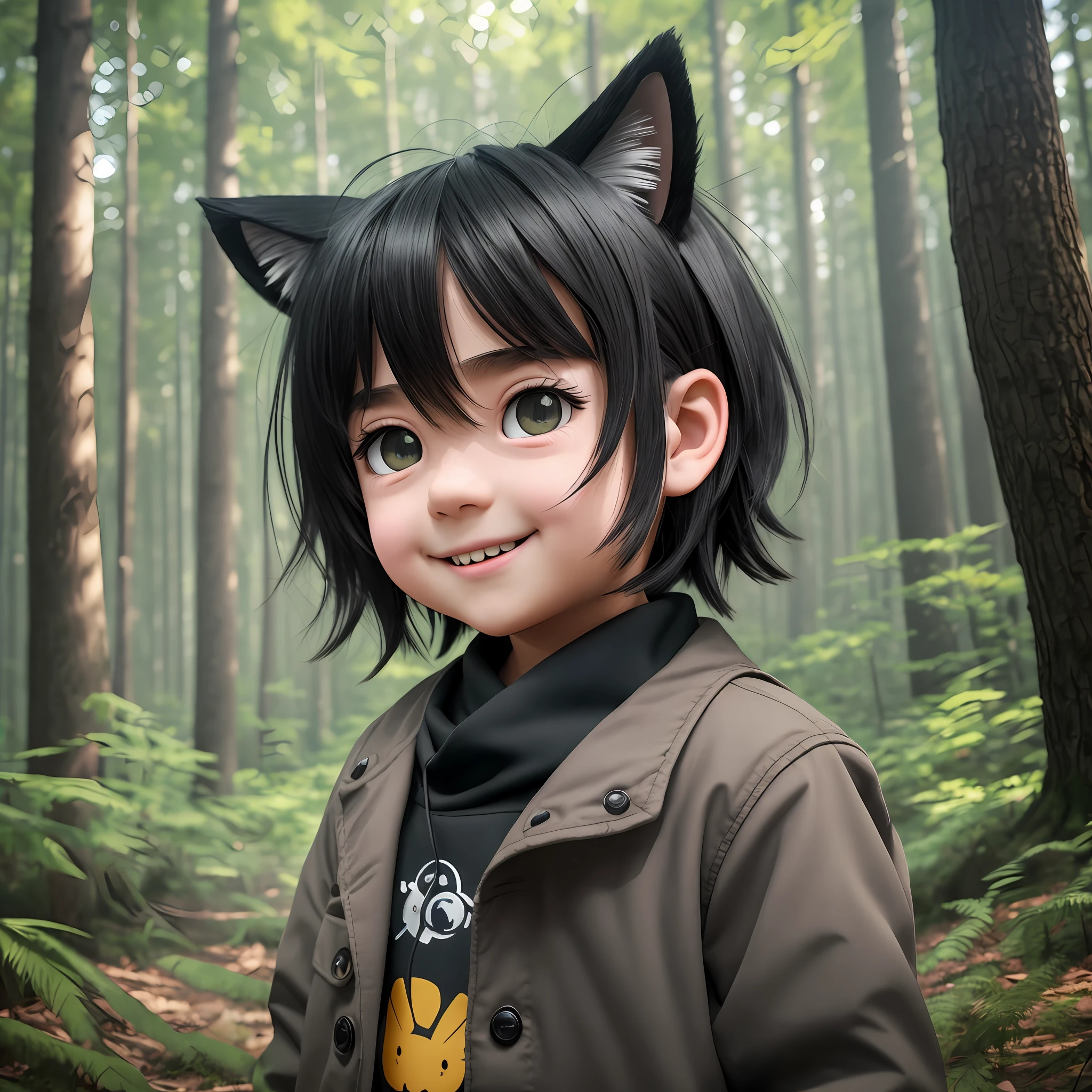 with black hair, cringe, long eyelashes, solid round eyes, fake animal ears, light smile, ear blush, fangs, forest, surrealism, shadow, relief, tachi-e, pov, atmospheric perspective, surrealism, modern, ray tracing, cinematic lighting, sony fe gm, 8k, ccurate, best quality, masterpiece --auto --s2