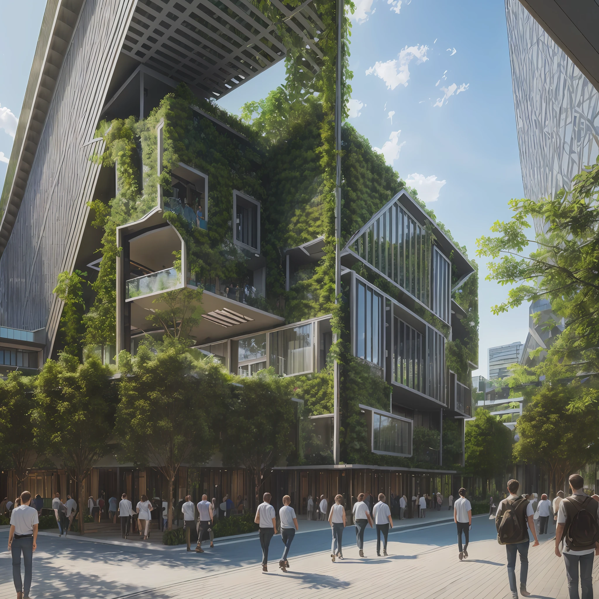 (8k, RAW photo, best quality, masterpiece: 1.2), (realistic, photorealistic: 1.37), technological sustainable building with vegetation and people walking around --auto --s2