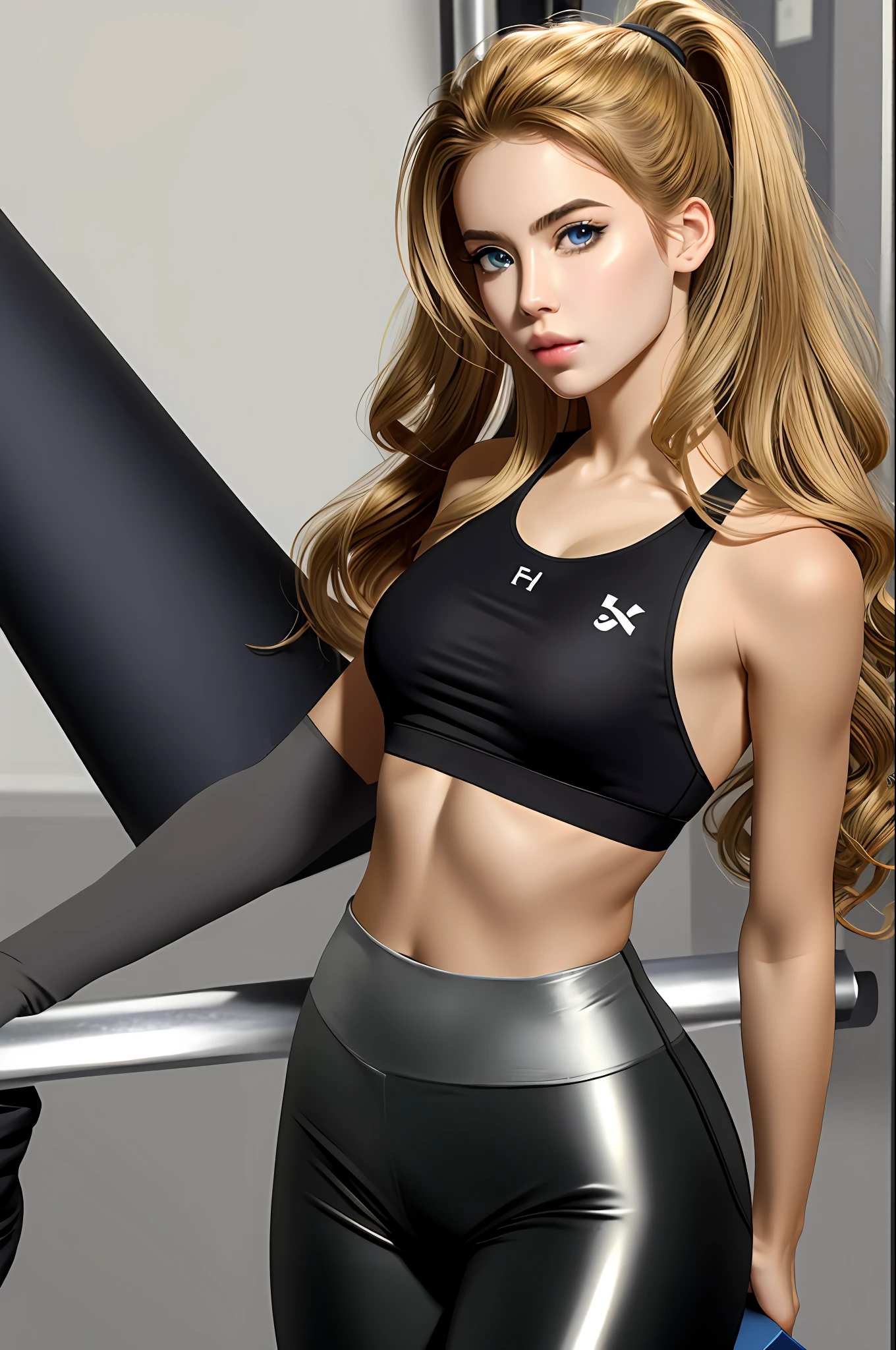 full body, realistic 16 year old girl, ((realistic photo of a beautiful Dutch girl)), ((wearing gym tights and sports bra)), clear, ((shiny skin)), (black eyeliner), detailed facial features, ((wingz eyes)), looking_at_viewer, (sexy body 1.1), ((medium breasts)), blonde, high ponytail, detailed, masterpiece, high quality, realistic, very detailed face, 4k