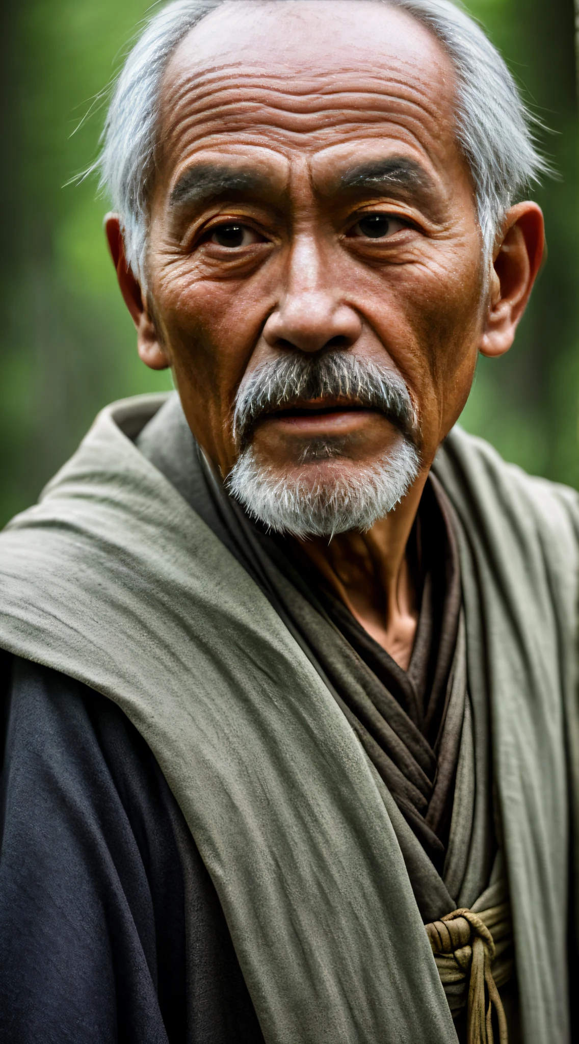 Portrait photography style, world masterpiece, super unique high professional digital art, film format, hyper-realism, color cinematography with ultra-fine details and quality, background is deep in the forest, an old man in rural China, an old man with wisdom. He wears an old cloak and his eyes are kind and shrewd. His skin has been blackened and powerful by the sun and rain, and the wrinkles are fixed on the corners of his mouth and forehead, making it seem that his years have precipitated. Although wearing a dark gown, although simple in appearance, it exudes sublime wisdom and a sense of tenacity of strength.