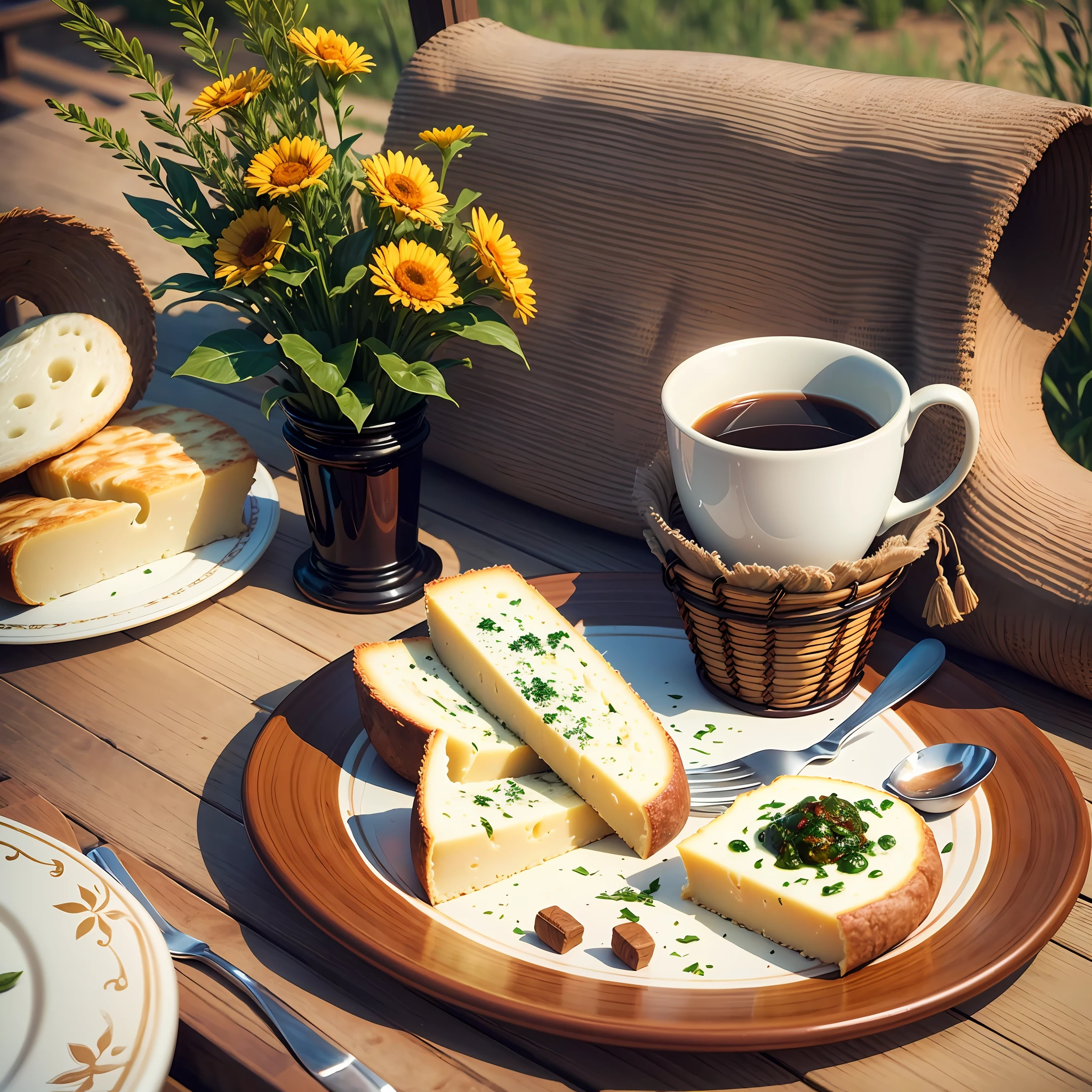 A table set with a cup of coffee, next to it a cut cheese, a small basket with Minas Gerais cheese bread --auto --s2