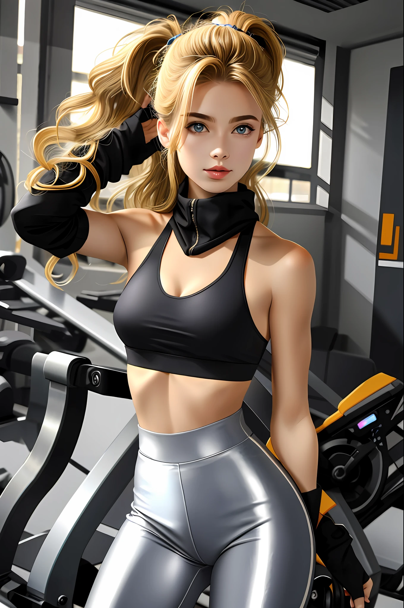 full body, realistic 16 year old girl, ((realistic photo of a beautiful Dutch girl)), ((wearing gym tights and sports bra)), clear, ((shiny skin)), (black eyeliner), detailed facial features, ((wingz eyes)), looking_at_viewer, (sexy body 1.1), ((medium breasts)), blonde, high ponytail, detailed, masterpiece, high quality, realistic, very detailed face, 4k