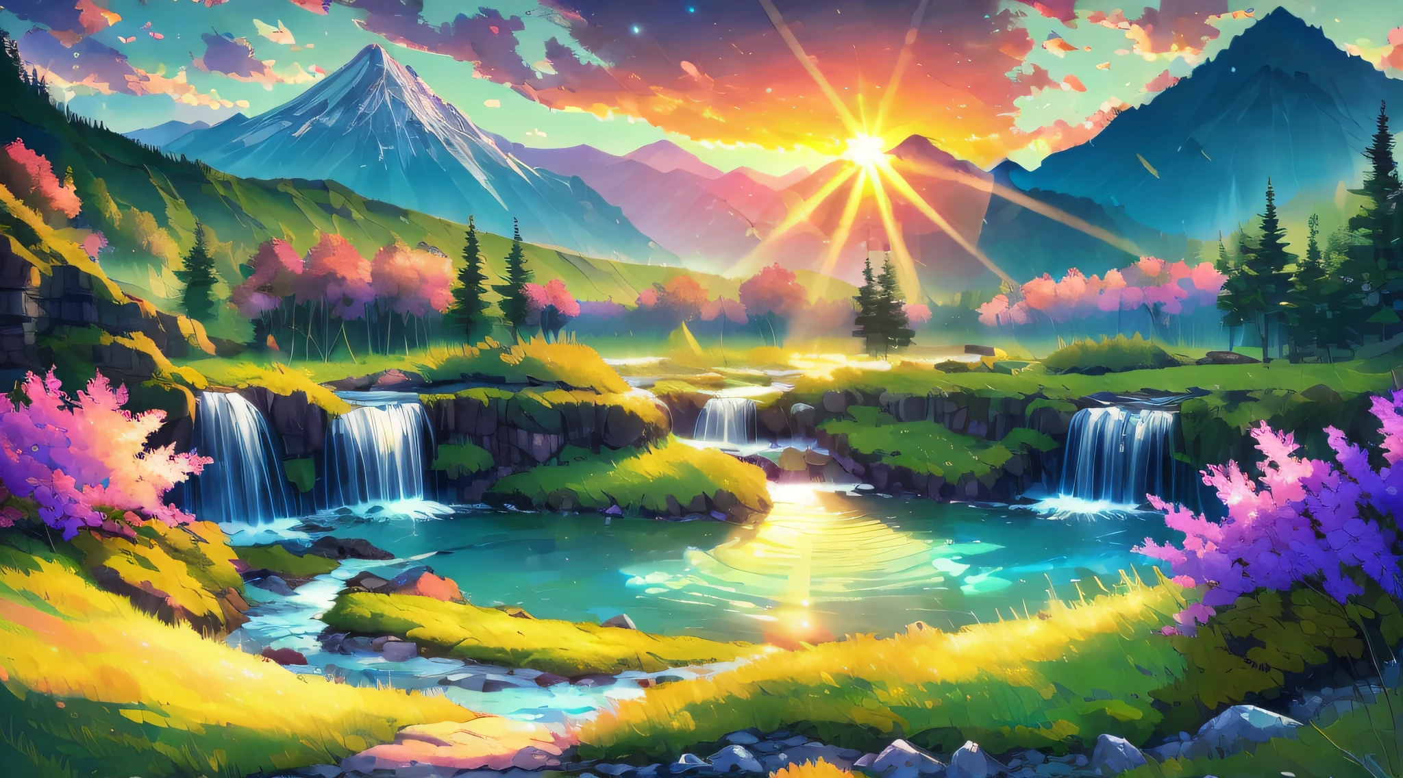 (best illumination, best shadow), scenic anime landscape, beautiful nature scenery, breathtaking view, majestic mountains, lush greenery, flowing streams and rivers, colorful flora and fauna, peaceful atmosphere, magical sunset.