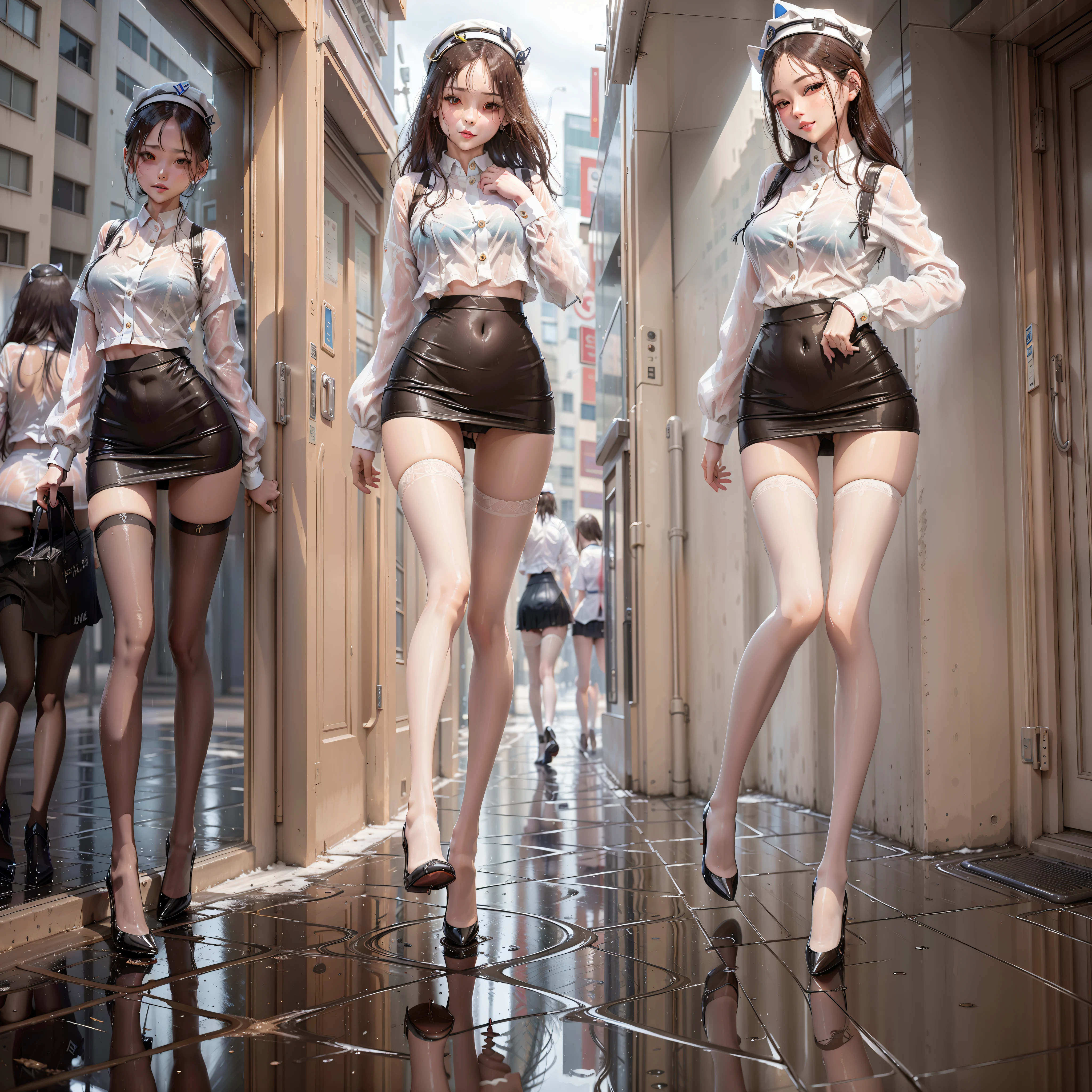 Reflection by a puddle after the rain, you can see a woman in a JK uniform miniskirt, walking in front, the wind gently blows the skirt, the face is full of smiles, perfect figure, exquisite details, street photography, reflection, photo, urban background, photography, 8k
