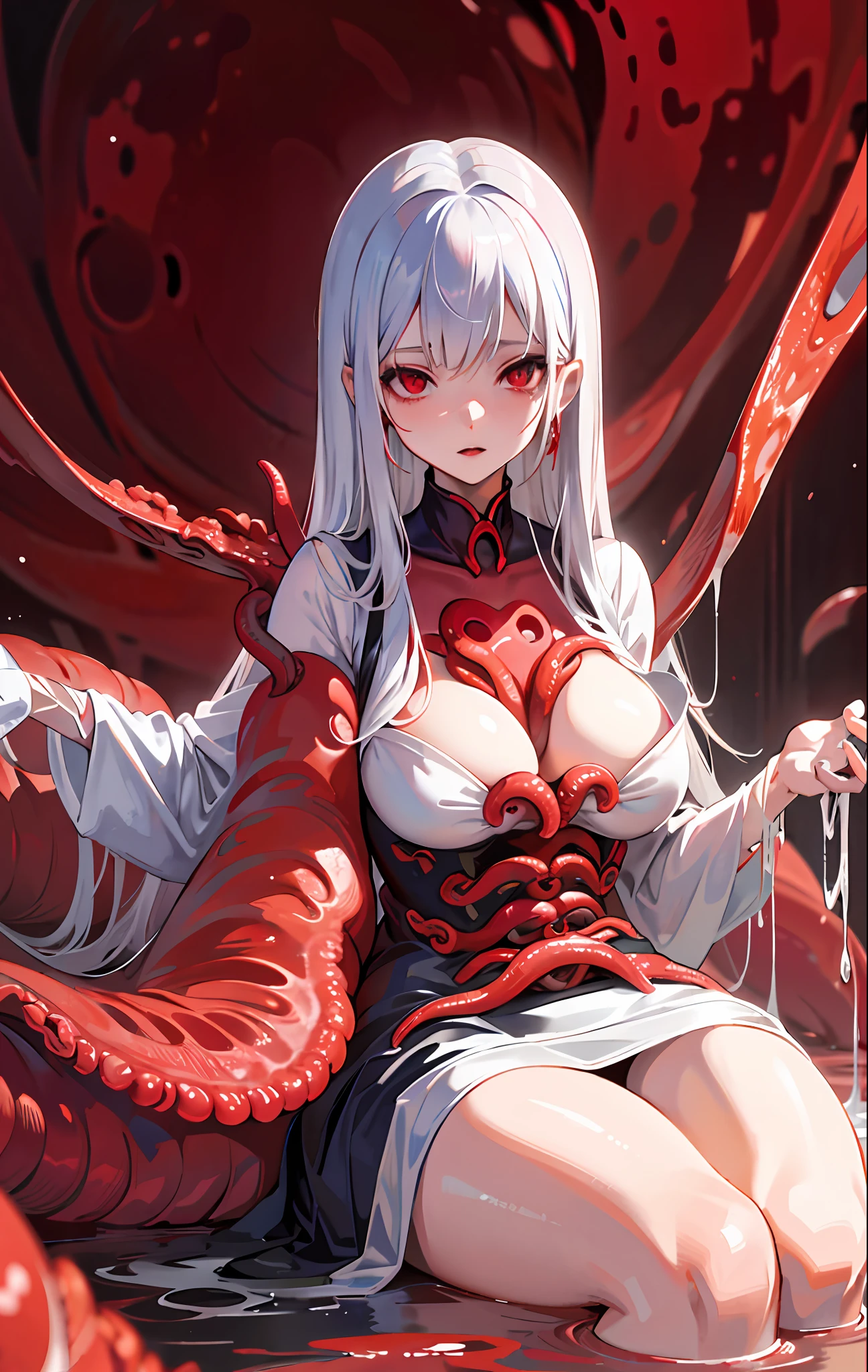 anime girl with white hair and red eyes sitting on a bed of red balls, fine details. anime. tentacles, covered with tentacles, tentacles around, blood moon tentacles!!, some tentacles are touching her, many suckered tentacles. hybrid, tentacle monster, many tentacles, huge tentacles, biomechanical oppai, tentacle beast