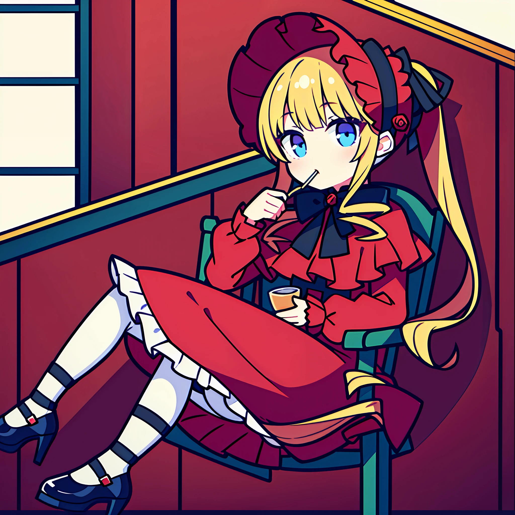 masterpiece, 1girl, solo, original outfit; bonnet, red dress,white pantyhosecup, black footwear, drinking tea, blue eyes.