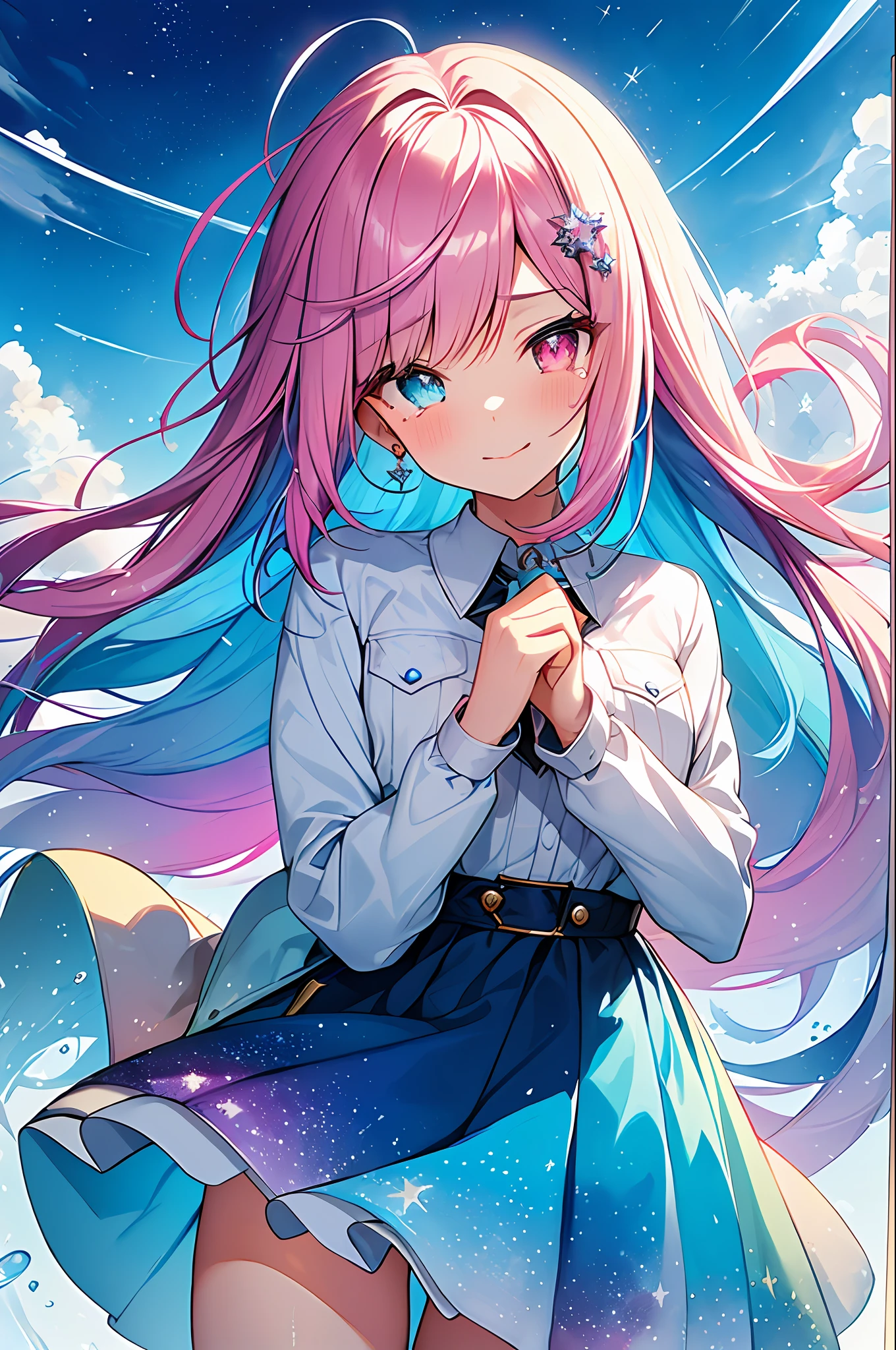 ((Masterpiece, Best Quality, Best Quality, Watercolor Medium Painting), Official Art, Beautiful and Aesthetic: 1.2)), (1 Girl: 1.3), (Fractal Art: 1.3), (Full Body)), Back (Iridescent Hair, Colorful Hair, Half Blue and Half Pink Hair: 1.2), Water, Liquid, Clouds, Colorful, Starry Sky, Meteor, Smile, (Glasses), Close Up, Heterochromia, (Colorful: 1.5), ((Uniform)) , Detailed background, (((glittering pupils)), ((clothes with large chest)), ((tears))