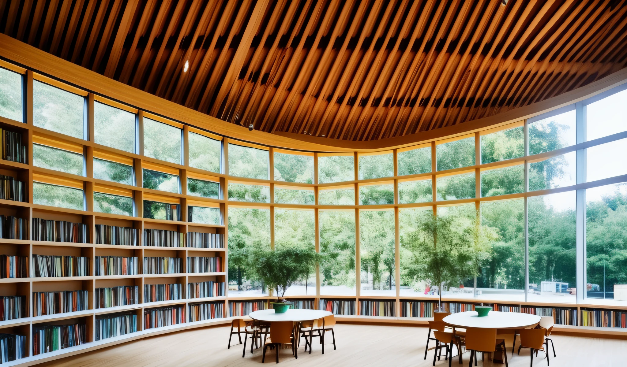 library, reality, bright, wide angle view, spotlight, highlight, wooden floor, white ceiling, trees, green, plants, bookstore interior with bookshelves and lights, white and green style, post-minimalist structure, craft core, large muralist, lively picture, subtle, earth tones, open cover, original, 4K, 8K, Fujifilm, super detail