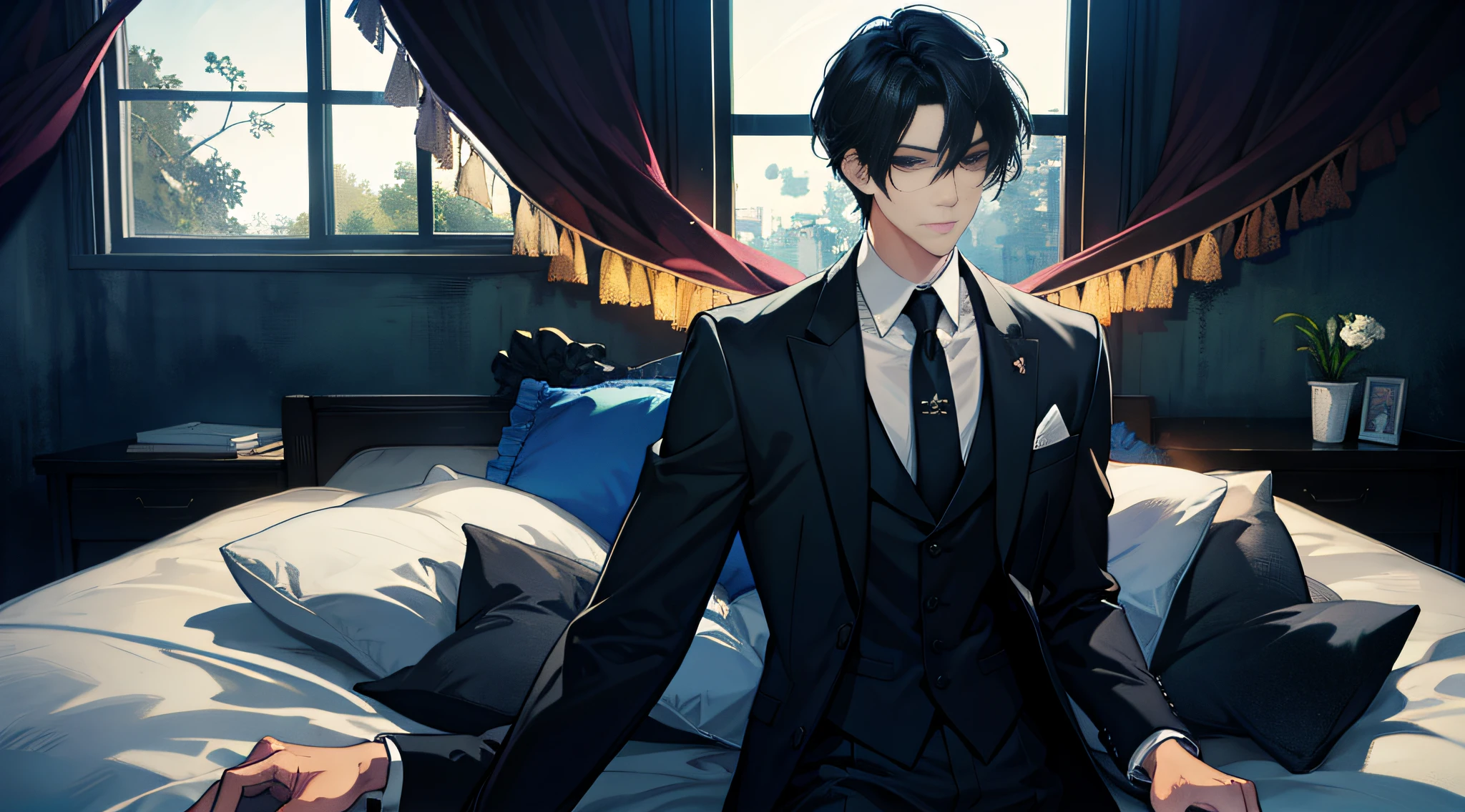 Male, adult, handsome, suit, black hair, standing by the bed, night, window