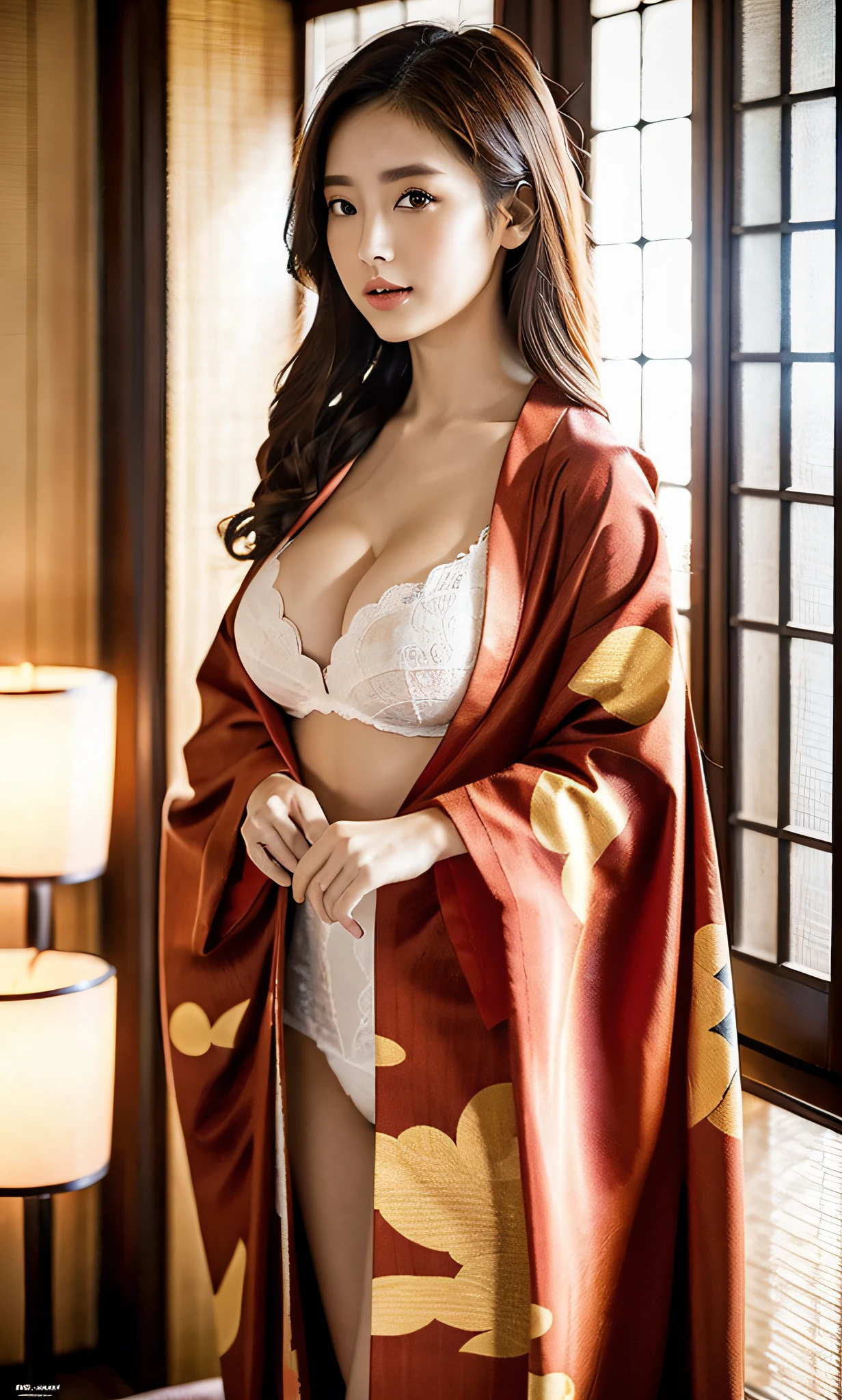 ulzzang-6500-v1.1, (Raw photo: 1.2), (Photorealistic: 1.4), beautiful detailed girl, very detailed eyes and face, beautiful detailed eyes, ridiculous, incredibly ridiculous, huge file size, super detailed, high resolution, very detailed, highest quality, masterpiece, (kimono), oiran illustration, highly detailed, cg, unification, 8k wallpaper, amazing, Fine details, masterpiece, top quality, highly detailed CG unified 8k wallpaper, face light, movie lighting, 1 girl, kimono, Japan, (wearing kimono), cleavage, (without panties), (dynamic pose), (kimono with Japanese pattern), (half)