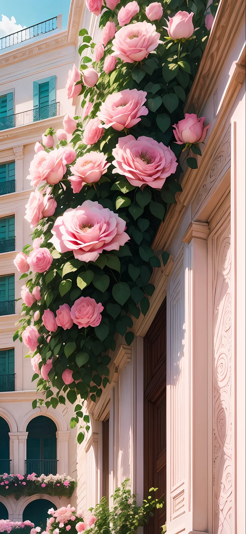 There is a large cluster of pink roses growing on the side of the building, a portal made of roses, beautiful aesthetics, roses, beautiful flowers growing, natural and floral aesthetics, beautiful large flowers, blooming flowers, beautiful images, buildings in Baroque style --auto --s2