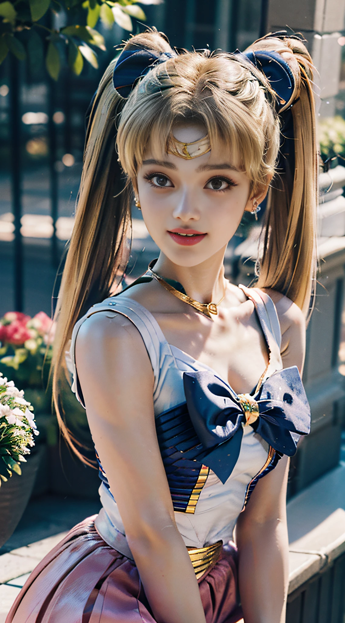 Best Quality, Masterpiece, Ultra High Resolution, (Realisticity: 4), Original Photo, 16K, 1girl, Bare Shoulder, ((Sailor Moon Sailor Moon Sailor Moon: 2)), Flowers, Smile, Blonde hair, twin tail, disneyland,
charming eyes