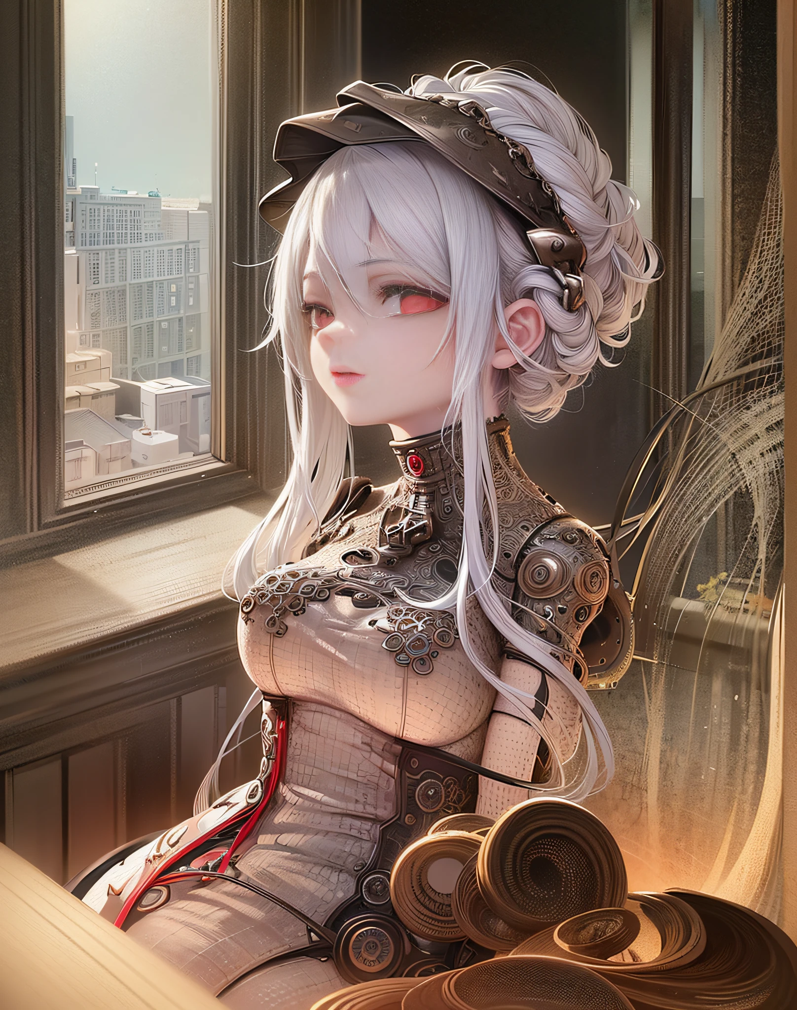 ((((masterpiece))), ((best quality))), ((ultra-detailed)), (CG illustration), ((an extremely delicate and beautiful)),(from side),cinematic light, ((1 mechanical girl)), single, full-body, (machine-made joint: 1.2), ( (Mechanical limbs)), (blood vessels connected to tubes), (mechanical spine connected to back), ((mechanical cervical vertebrae attached to neck)), (sitting), forced laughter, (wires and cables around the neck: 1.2), (wires and cables on the head: 1.2) (character focus), sci-fi, extremely fine, colorful, finest white hair, red eyes, in battle, (knotted), (killing), (1 fairy), (ultra-clear facial details)