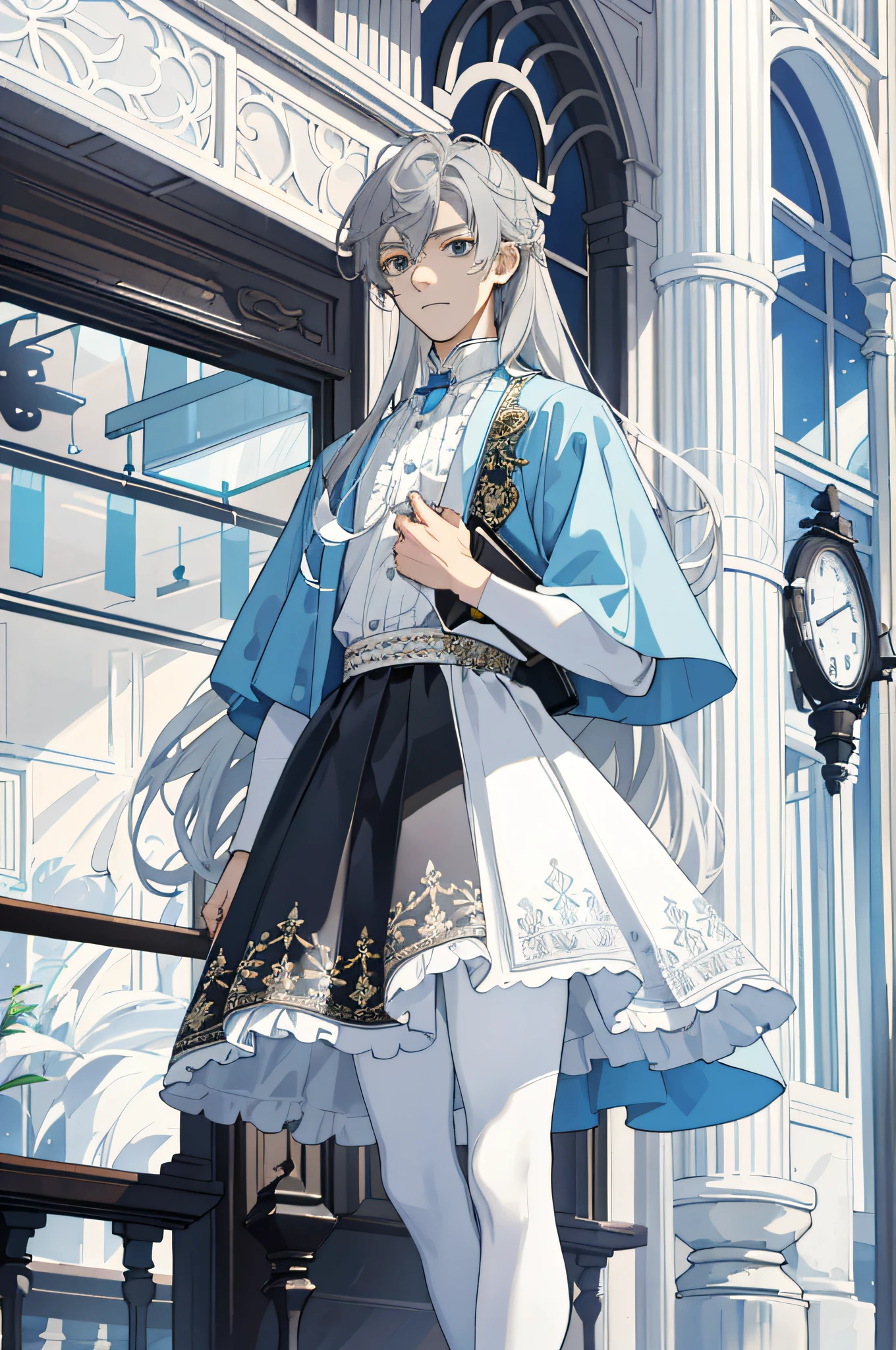 Masterpiece, best quality, 1 male, ager, delicate eyes, intricate details, (gray hair, long hair, no bangs, delicate skirt, white skin), white, blue, modern, mall, city