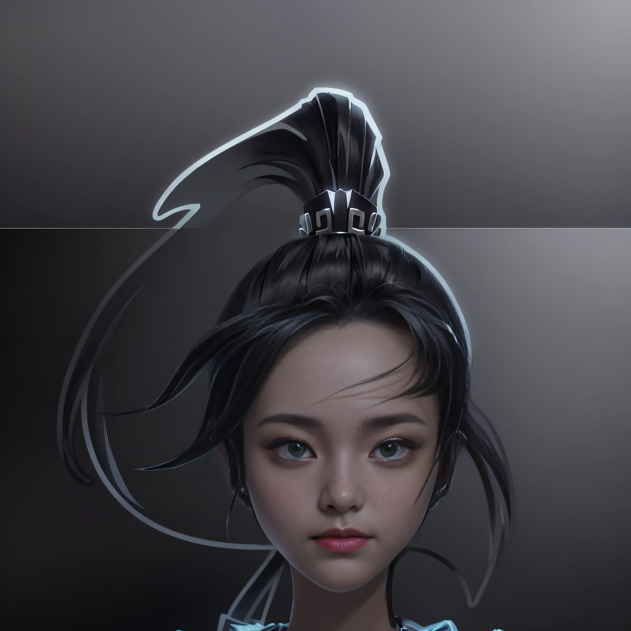 Surrealist female portraits, fantasy art, photorealism, dynamic lighting, artstation, poster, avatar, black hair, volumetric lighting, very detailed faces, 4k, award-winning, 1girl, fair skin, Asian, dark shadows, understated, denim photos, (formal wear: 1.4), long hair, gray hair,