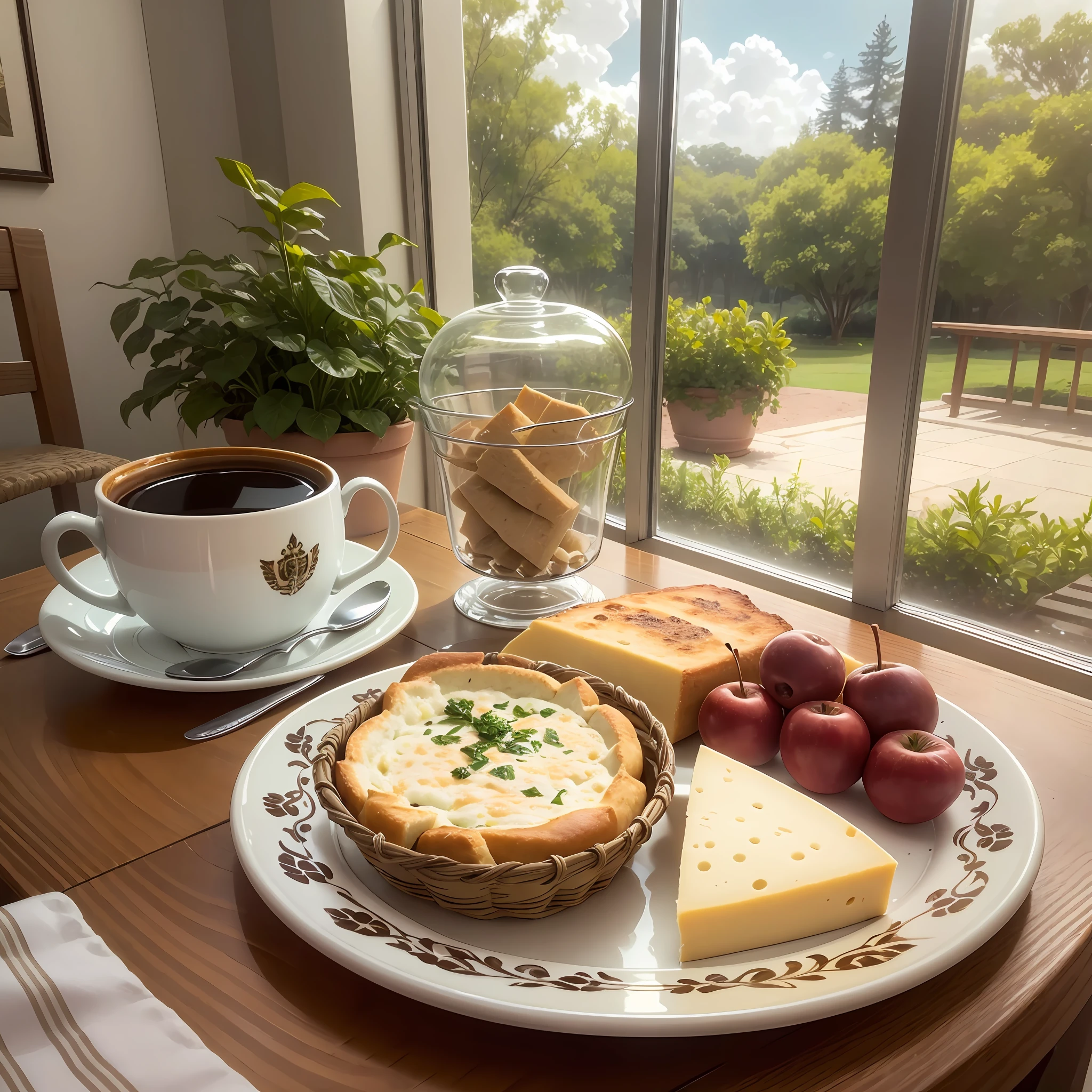 A table set with a cup of coffee, next to it a cut cheese and a basket of Minas Gerais cheese bread --auto --s2