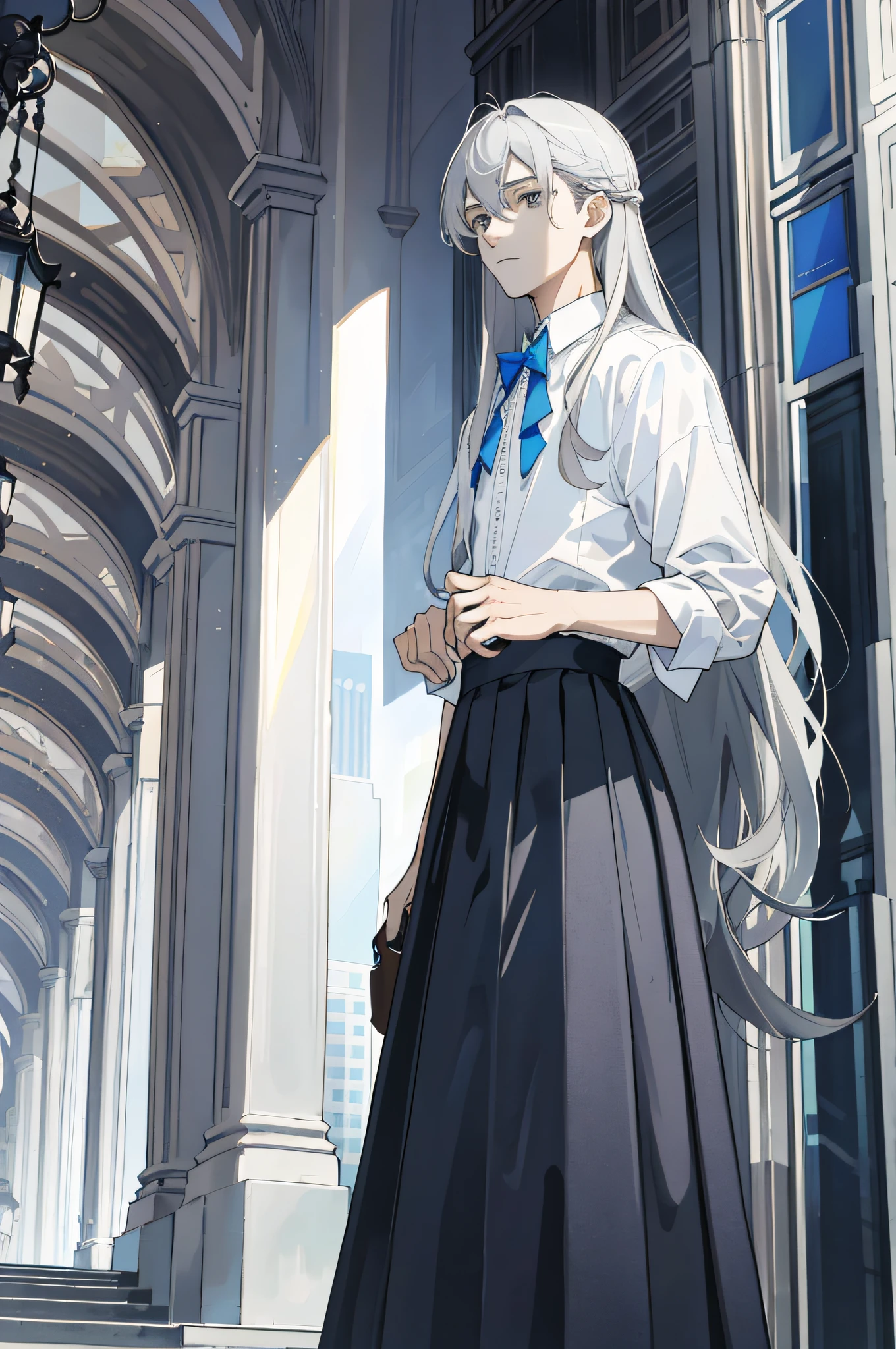 Masterpiece, best quality, 1 male, ager, delicate eyes, intricate details, (gray hair, long hair, no bangs, delicate skirt, white skin), white, blue, modern, mall, city