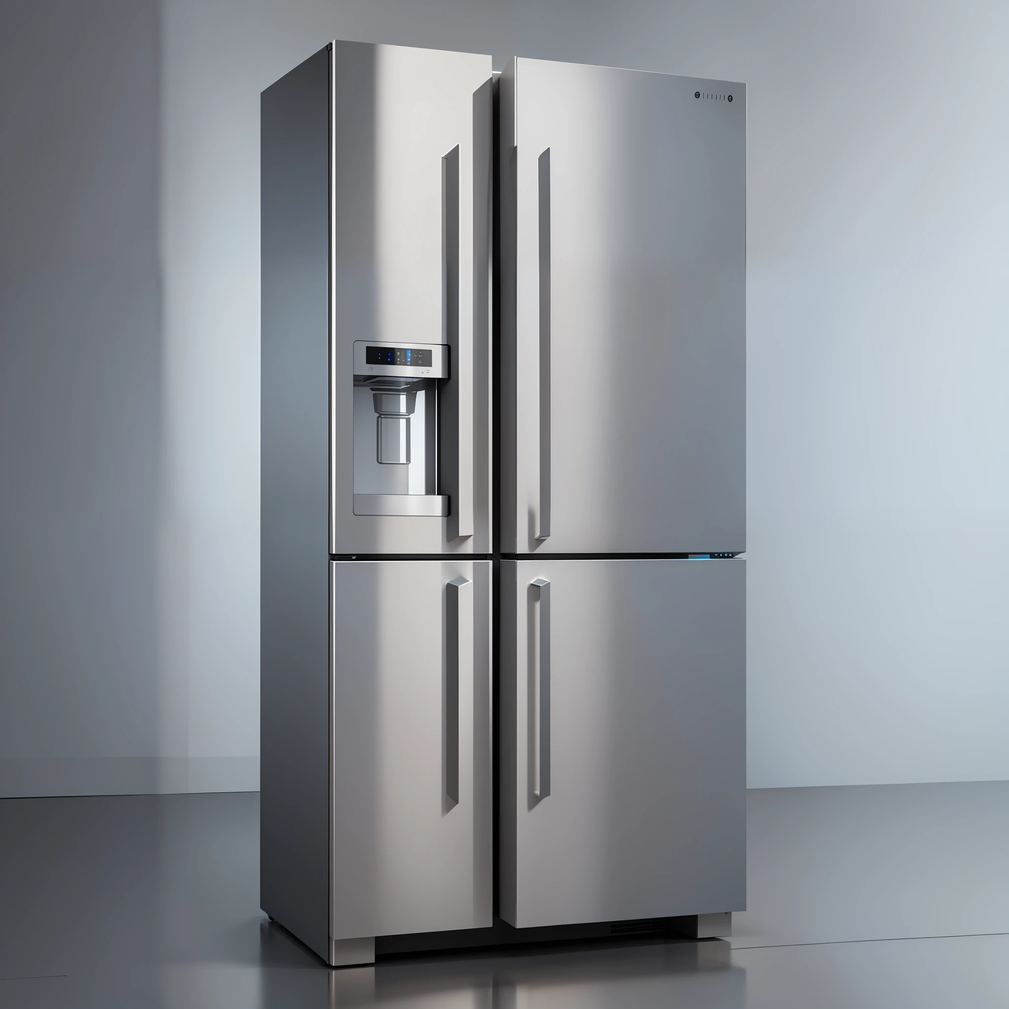3D product rendering style, full of technology refrigerator, fine details, purism, UE 5, computer rendering, minimalism, octane rendering, 4k, clean shape, smooth lines, master masterpiece, tough shape, French three-door refrigerator --auto --s2