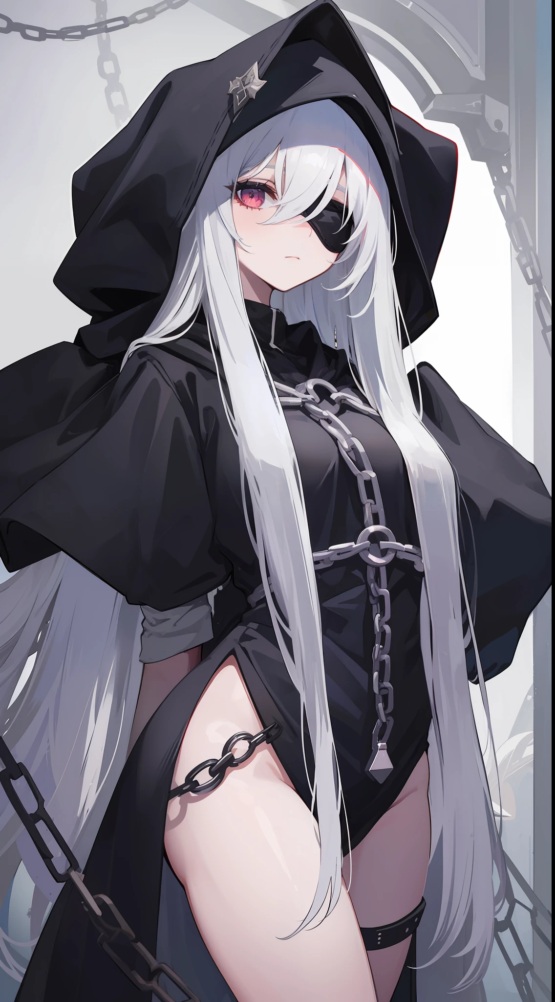 1mysterious girl, wearing a hood and a black blindfold covering eye, wearing the clothes of a Dark priestest, her long white hair was loose and her body was bound by divine chains.