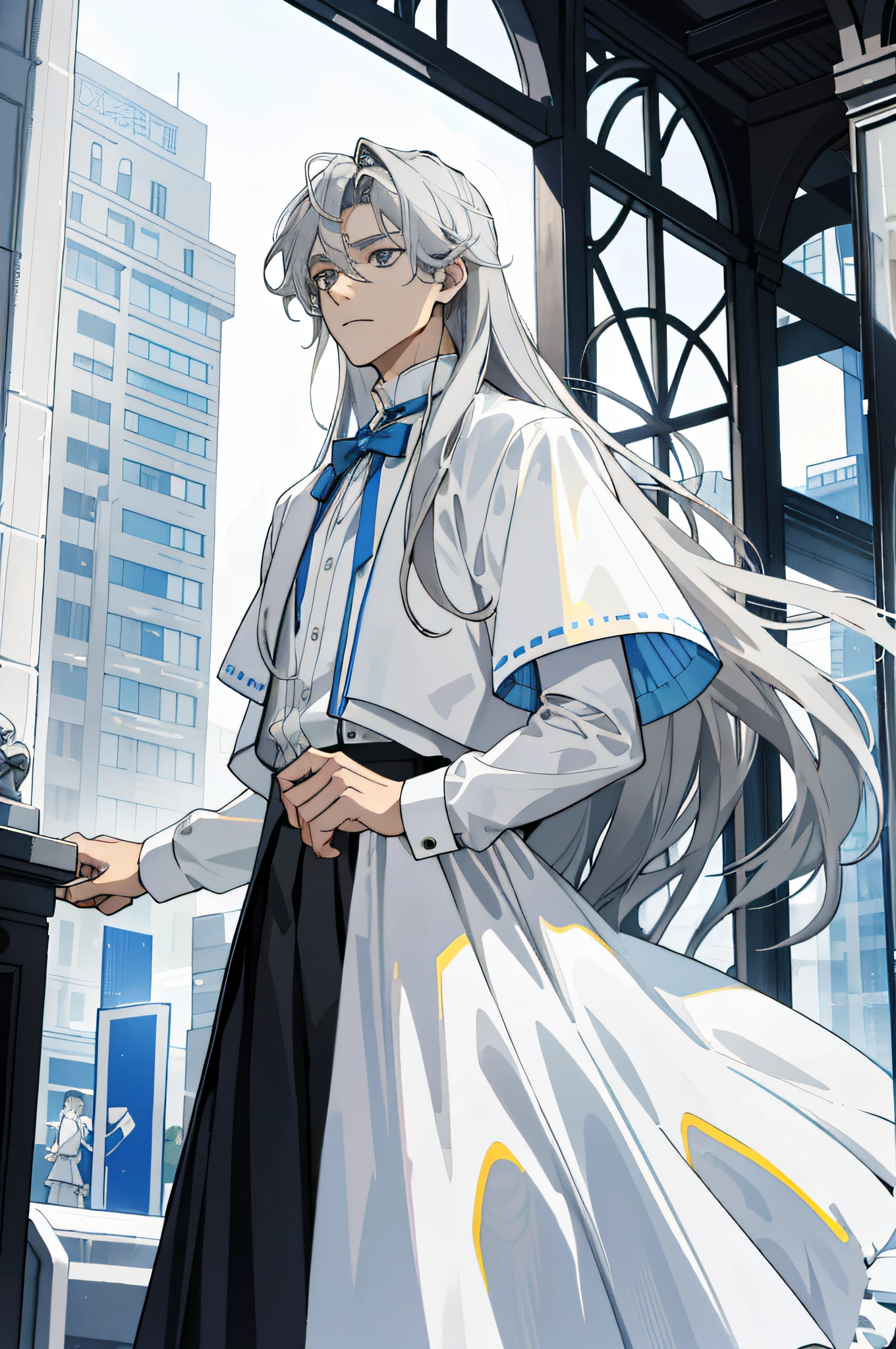Masterpiece, best quality, 1 male, teenager, delicate eyes, intricate details, (gray hair, long hair, no bangs, delicate skirt, white skin), white, blue, modern, mall, city