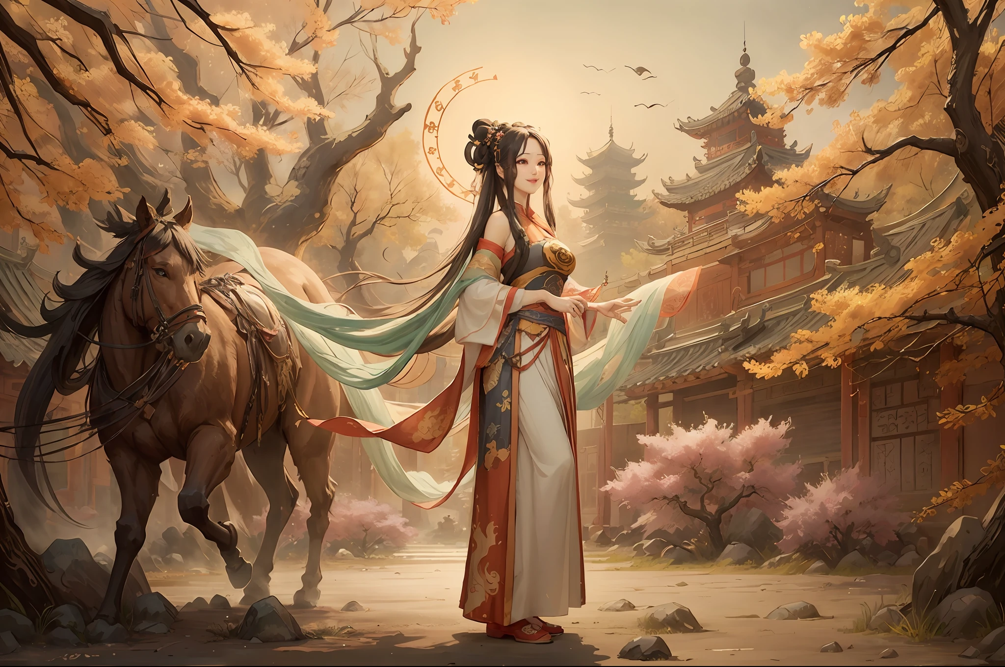 Shuk walking horse, negative space, sunglasses, standing female statue, willow branch, (masterpiece, best quality:1.2), Chinese painting, model style, peace, (smile), looking at the audience, wearing long hanfu, hanfu, song, willow tree in background, five changshuo, on the top of the mountain,