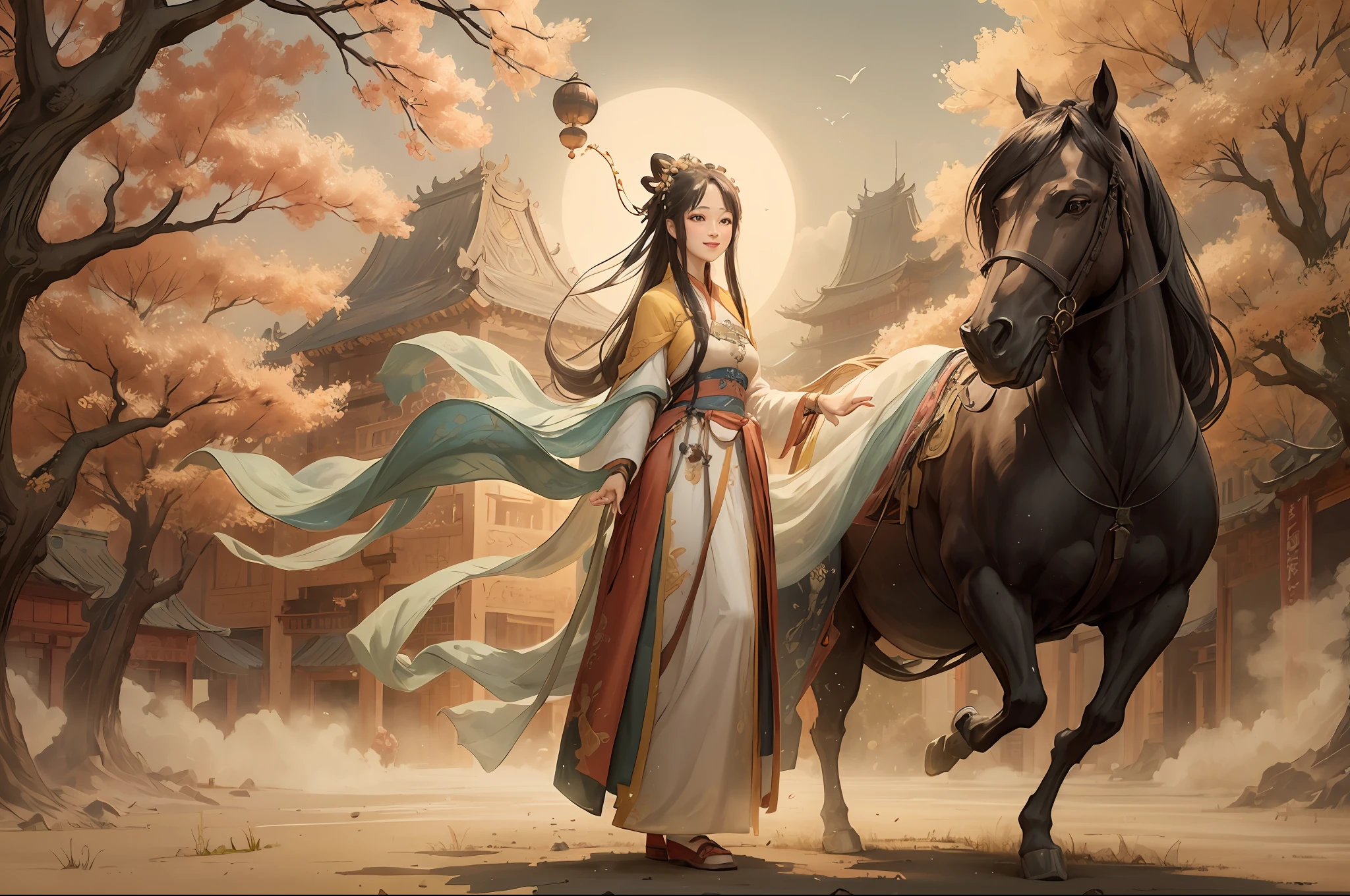 Shuk walking horse, negative space, sunglasses, standing female statue, willow branch, (masterpiece, best quality:1.2), Chinese painting, model style, peace, (smile), looking at the audience, wearing long hanfu, hanfu, song, willow tree in background, five changshuo, on the top of the mountain,