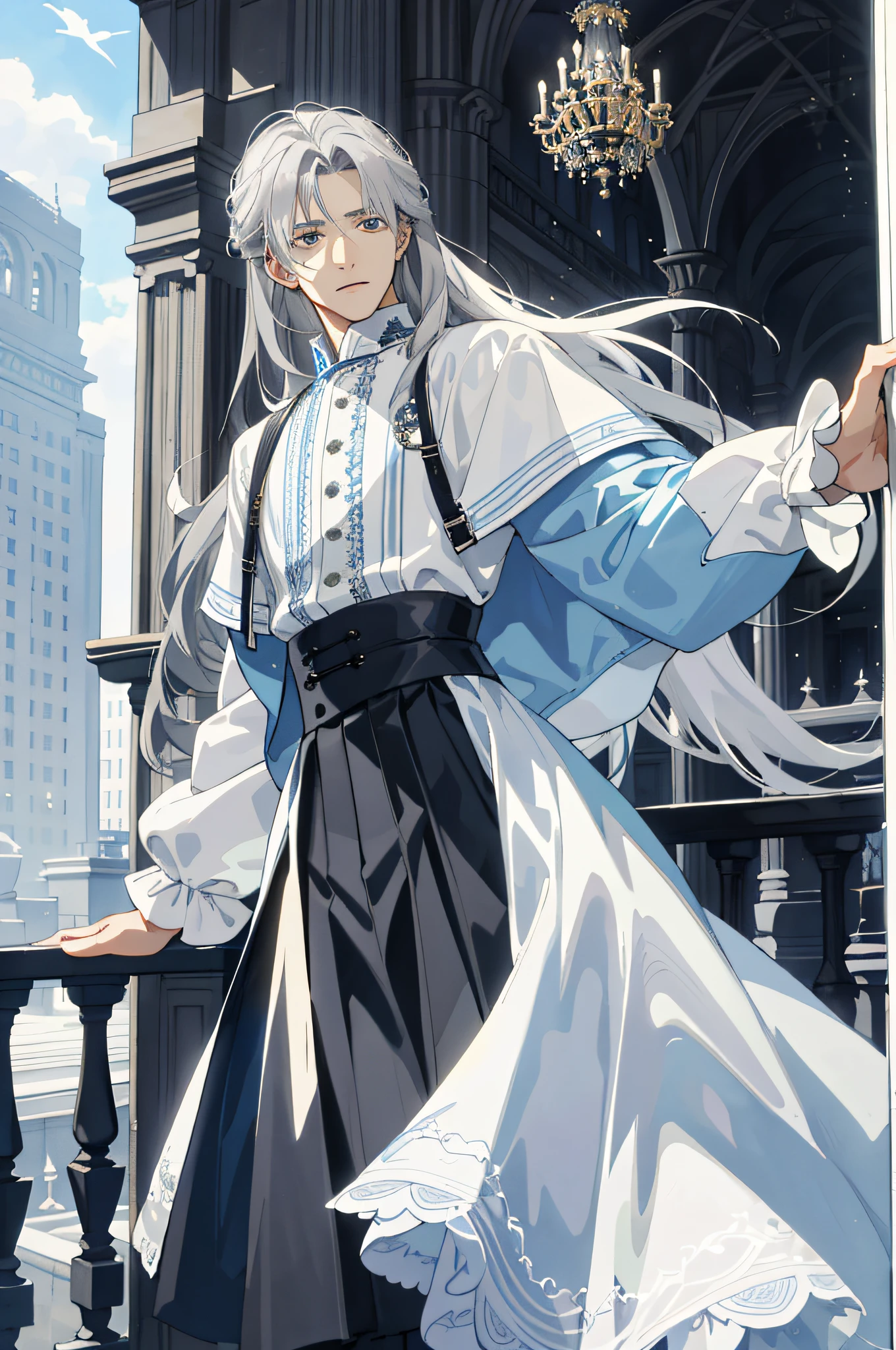 Masterpiece, best quality, 1 male, ager, delicate eyes, intricate details, (gray hair, long hair, no bangs, delicate skirt, white skin), white, blue, modern, mall, city