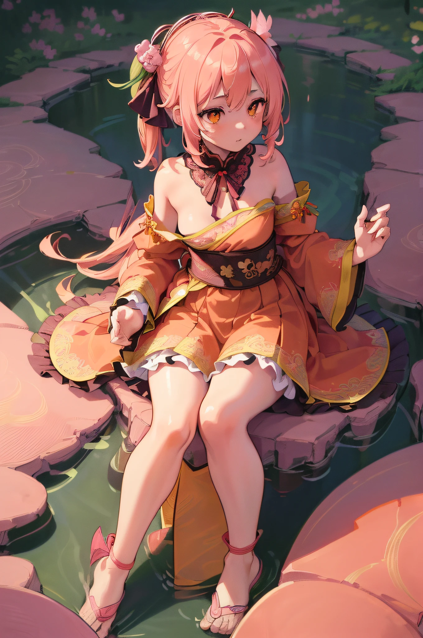 [Detailed illustrations, art based on extremely ideal anatomy, very detailed and detailed drawings, delicate lines with slow and urgent, realistic texture expression],(((Color tressed main lines)),(Artwork with outstanding craftsmanship),(Garden background),HENTAI KAWAII [ANIME Girl Chinese ((short stature) slim body) 12 years old] (hair),((peach blossom) 簪) (yellow dogi ( Dragon embroidery: 0.3)) ((lace ruffled ribbon)),((Tattoo:0.5)),(Colorful)) (Kung Fu (Dynamicpose:0.4)),(High contrast:0.8),((Fine and beautiful skin expression (transparency))),((Clear gaze)),((Perfect eye details (Beautifully drawn pupils)))),(Beautiful perfect face ( Realistic facial details)),((Beautiful hair details)),(Perfectly proportioned proportions)),(Design built to a high level,(((Advanced structural understanding of materials)),Ideal color coordination),((Artistic decoration))) ((Dense details)),(Detail,High definition)),[(Ultra-precision detail),(((Multilayer texture)), HighQuality,High Resolution],((Accurate simulation of light-material interaction, understanding of air flow, mechanically correct representation)),(((Visual art with a sense of narrative)).