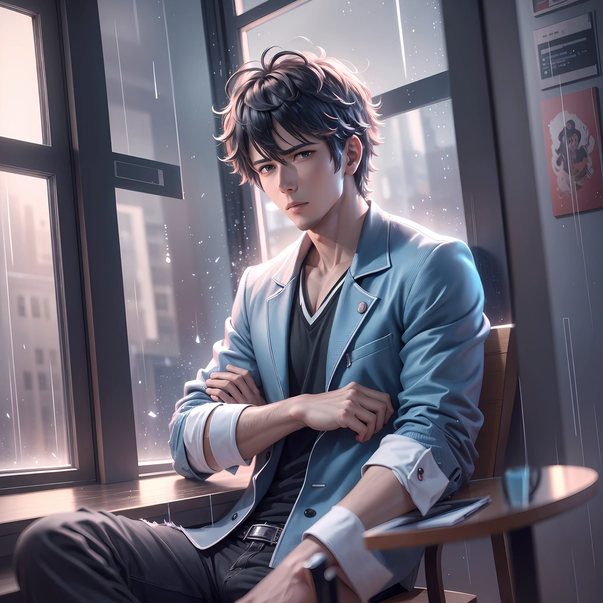 3D, handsome guy sitting on chair in urban room, rainstorm weather outside window, heavy rain, lightning, dim light, rainy day, 4K manga wallpaper, 4K anime wallpaper, anime concept HDR anime McManus, anime handsome guy, anime beauty, inspired by Masanobu Okumura, handsome guy in demon killer art, anime realism style, anime art wallpaper 4 K, anime art wallpaper 4k --auto --s2