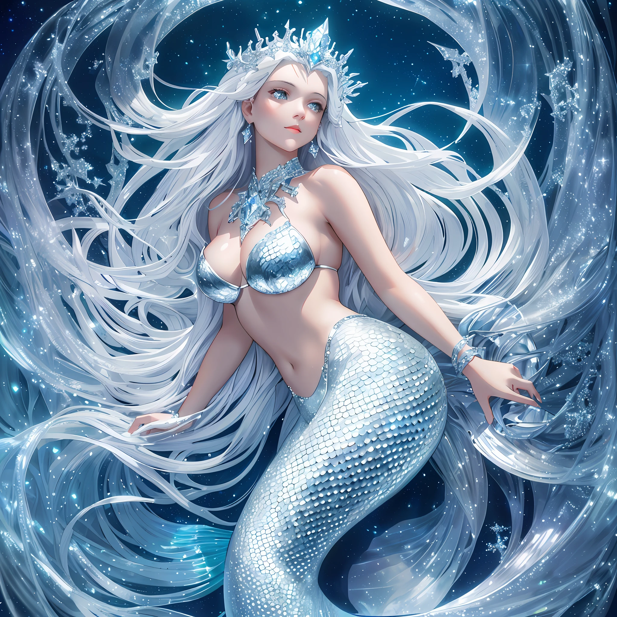 Silver-white super beautiful mermaid, caught on deck. Moonlight shines on the mermaid, all the gems on the body, extremely dramatic light and atmosphere, real skin texture, looking up, romantic atmosphere, 3D