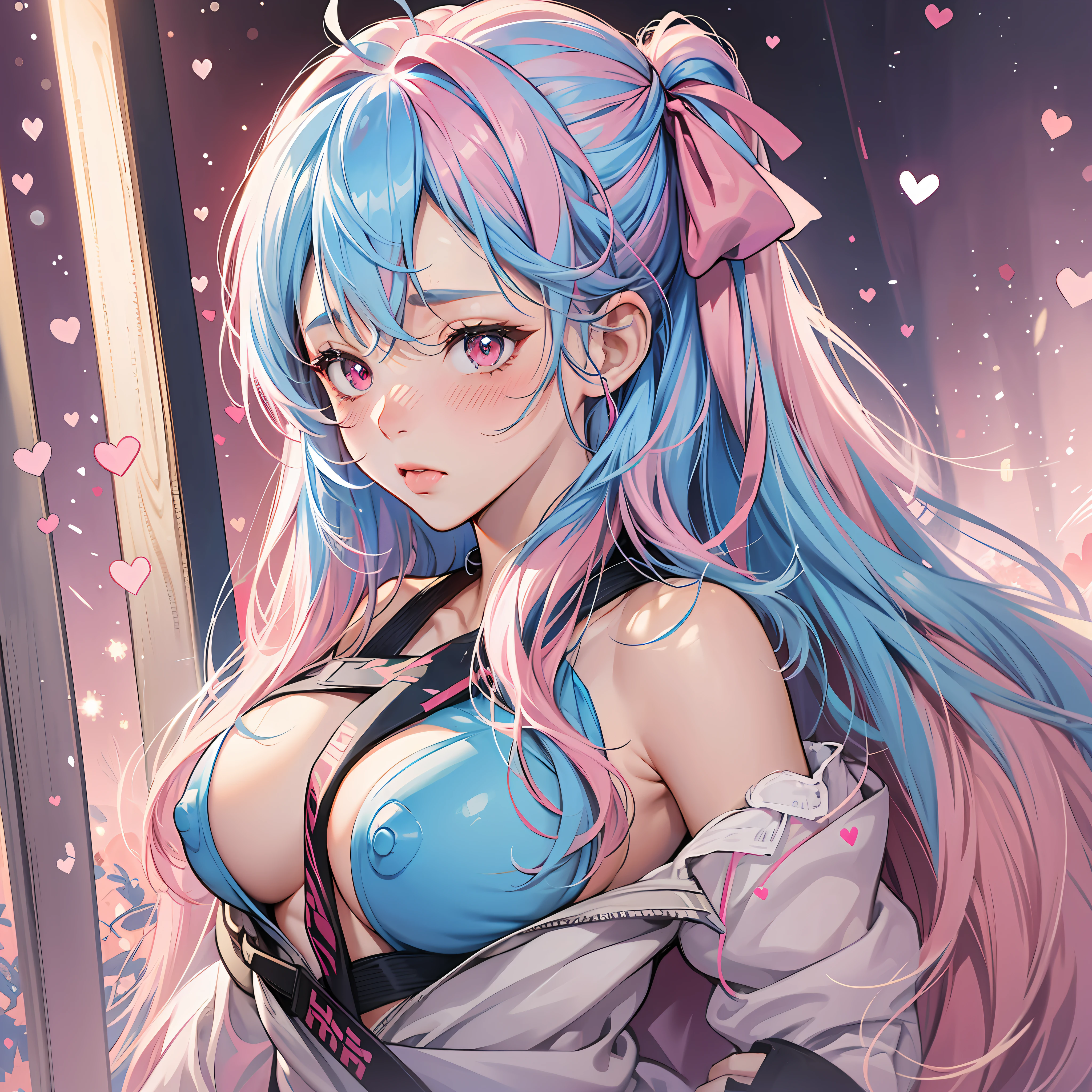 Nudity all over, Without clothes, BIG BOOBS, Sexy, PORN, all body, Bare upper body, nudes,, light blue hair, pink hair, ahoge, bangs, hair over shoulder, long hair, hair ribbon, hair bobbles, mask on head, heart-shaped pupils, gradient eyes, red eyes, heart-shaped eyes, shy, blush, mouth hold, ear blush, heart in eye, full blush, heavy breathing, tsundere, saliva trail, UHD, UHD, high details, highres, best quality, high quality --auto --s2