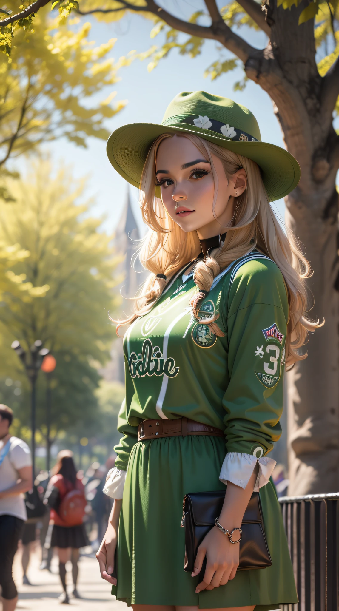 In the park, a woman wearing a Celtic jersey