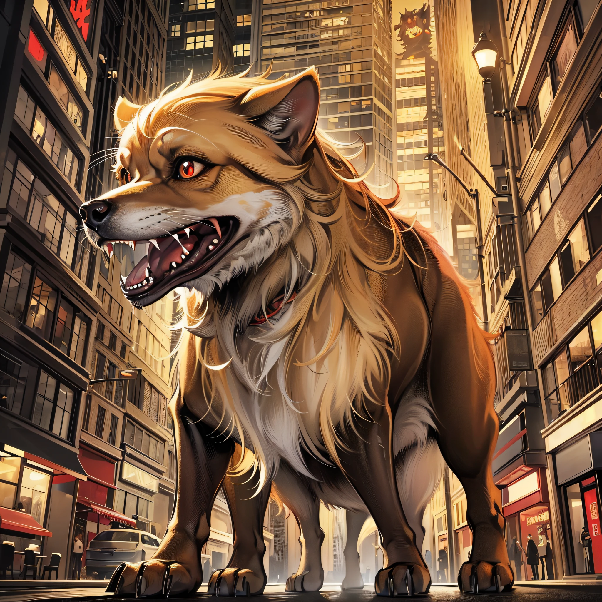 Tip: A very scary golden retriever with red eyes and fangs that can stand like a human, looking ahead on the street at night. The illustration is a high-definition illustration in 4K resolution with highly detailed facial and full-body features and cartoon-style visuals.