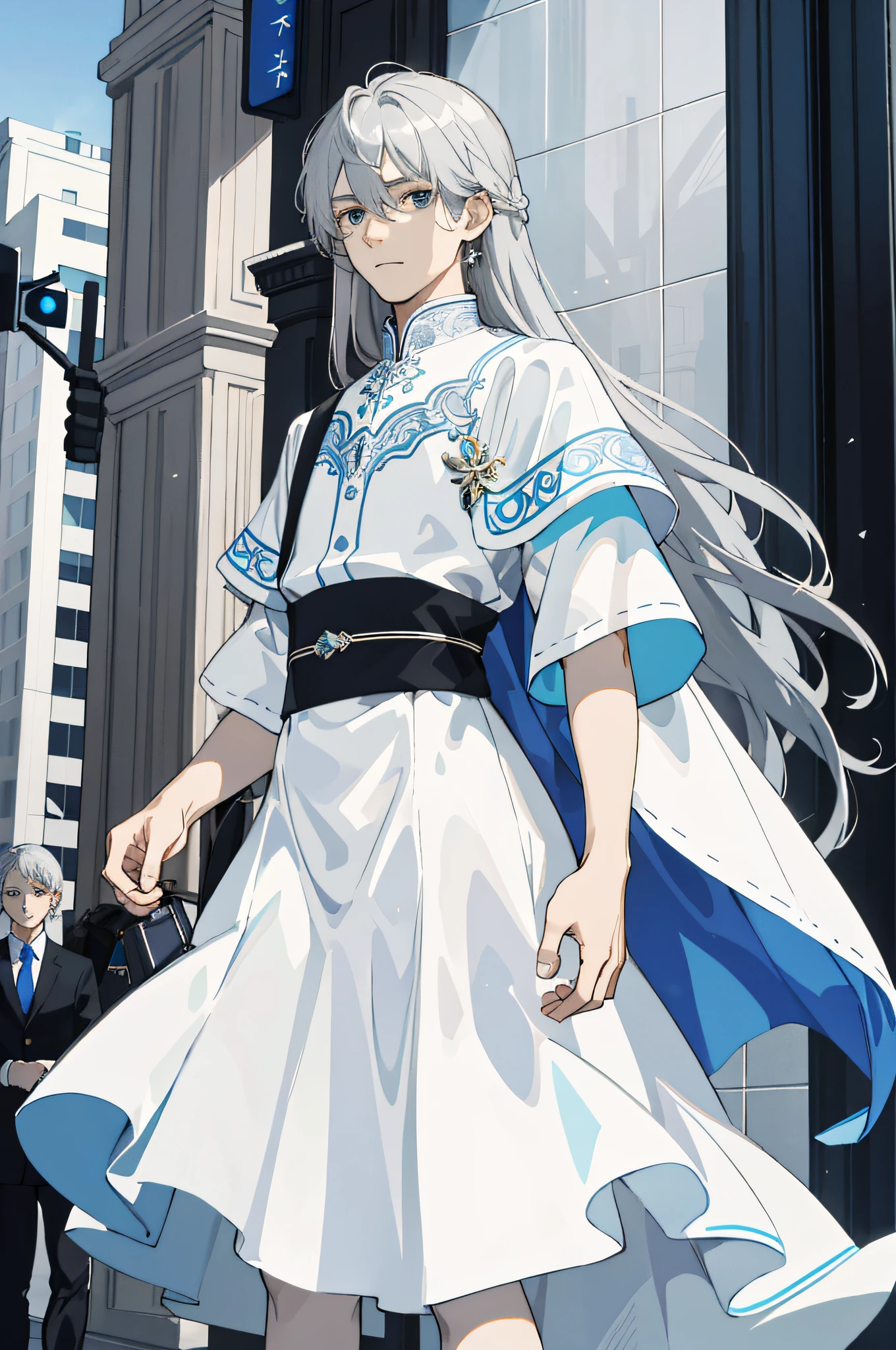 Masterpiece, best quality, 1 male, teenager, delicate eyes, intricate details, (gray hair, long hair, no bangs, delicate skirt, white skin), white, blue, modern, mall, city