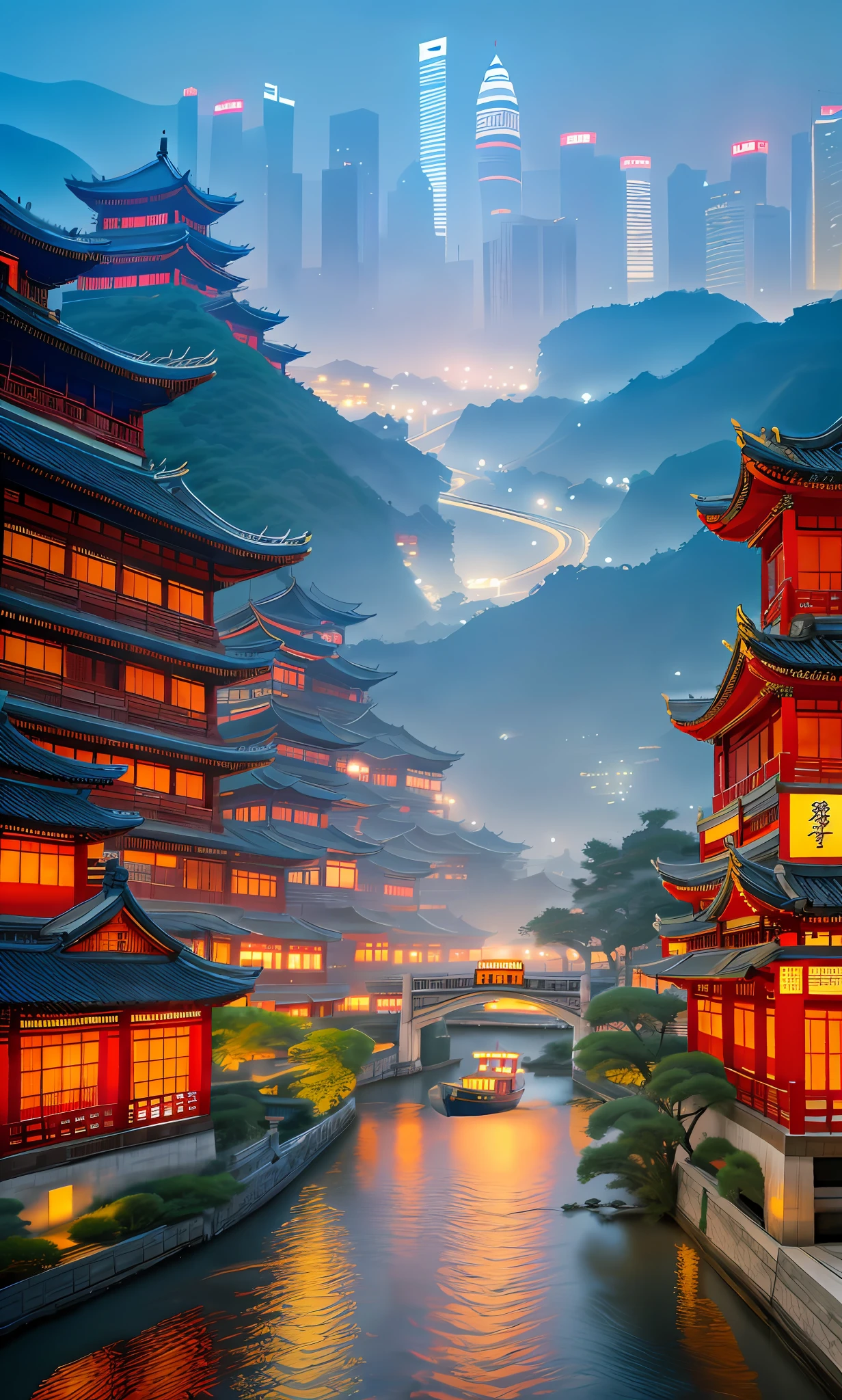 asian architecture in a city at night with a boat passing by, dreamy chinese town, ancient chinese architecture, japanese city, colorful kitsune city, digital painting of a pagoda, japanese city at night, cyberpunk chinese ancient castle, beautiful render of tang dynasty, japanese town, kyoto inspired, chinese architecture, amazing wallpaper, pagodas on hills