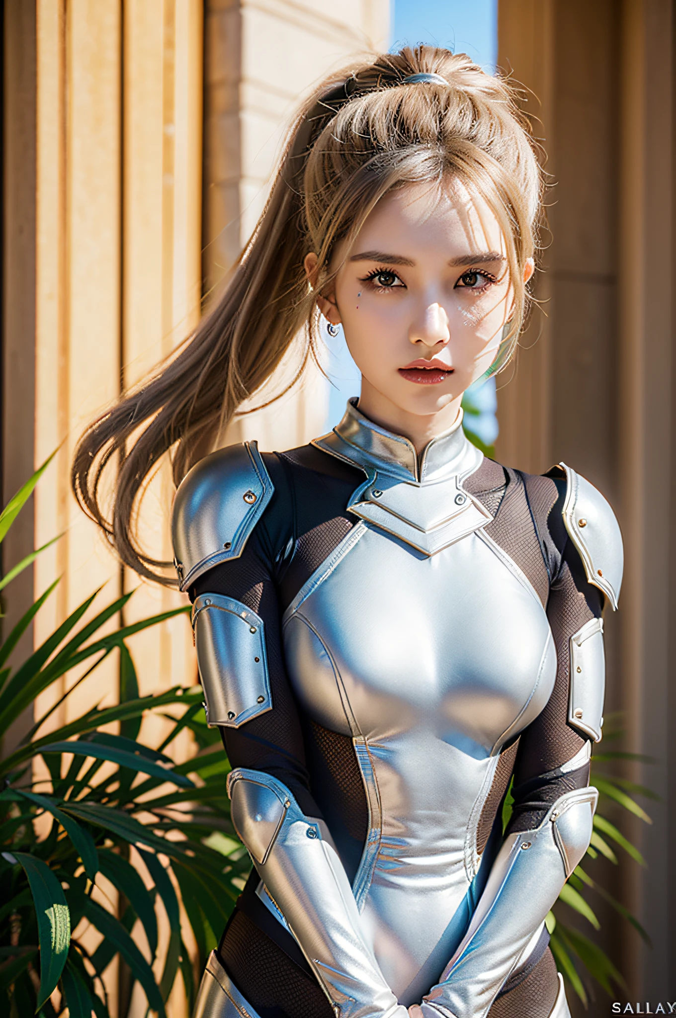 (8K, best quality: 1.2), (Masterpiece: 1.37), (Photo, Photo, Realistic: 1.37), (Ultra High resolution), Half-body, Walking Pose, Shot from the Front, Slow Motion, Female Paladin in Full Body, (Light Silver Armor: 1.2), (Gorgeously Decorated Armor), (Crazy Detail, Bloom: 1.5), (Highest Quality, Alessandro Casa Grande, Greg Rutkowski, Sally Mann, Concept Art, 4K), (Simulation: 1.2), (High Definition), (Detailed Pupil: 1.1), Detailed Face and Eyes, Masterpiece, Best Quality, (Highly Detailed Photo: 1.1), (Long Blonde, Ponytail, Ecstasy: 1.1), (Young Woman: 1.1), Sharp, (Perfect Figure: 1.1), Realistic, Realistic Shadow, 3D, (Temple Background: 1.2), Arms crossed over chest Photo by Canan EOS R6, 135mm, 1/1250s, f/2.8, ISO 400