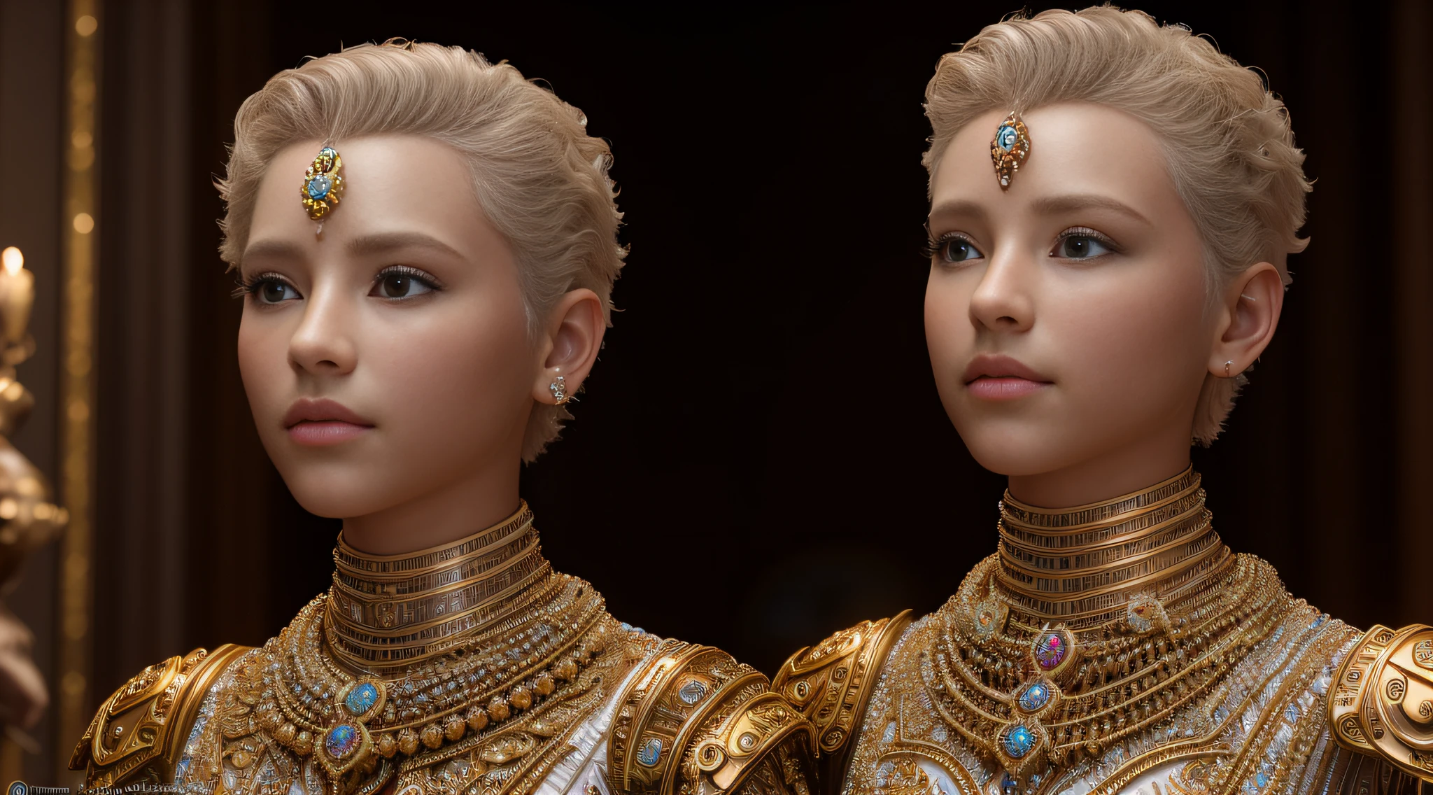 Masterpiece, high quality, 3D, 8K CG, intricate details, detailed background, sacred. Jewelry, by Dylan Kowalski, ((1boy)), sunken skin, side-view, short hair, prosthetics, robotic arms, synthetic skin, porcelain, pearls, holographic, titanium, diamonds, rubies, sapphires, gemstones,
